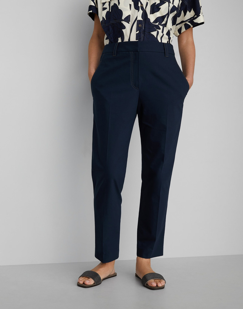 Stretch twisted cotton twill cigarette trousers with monili 1