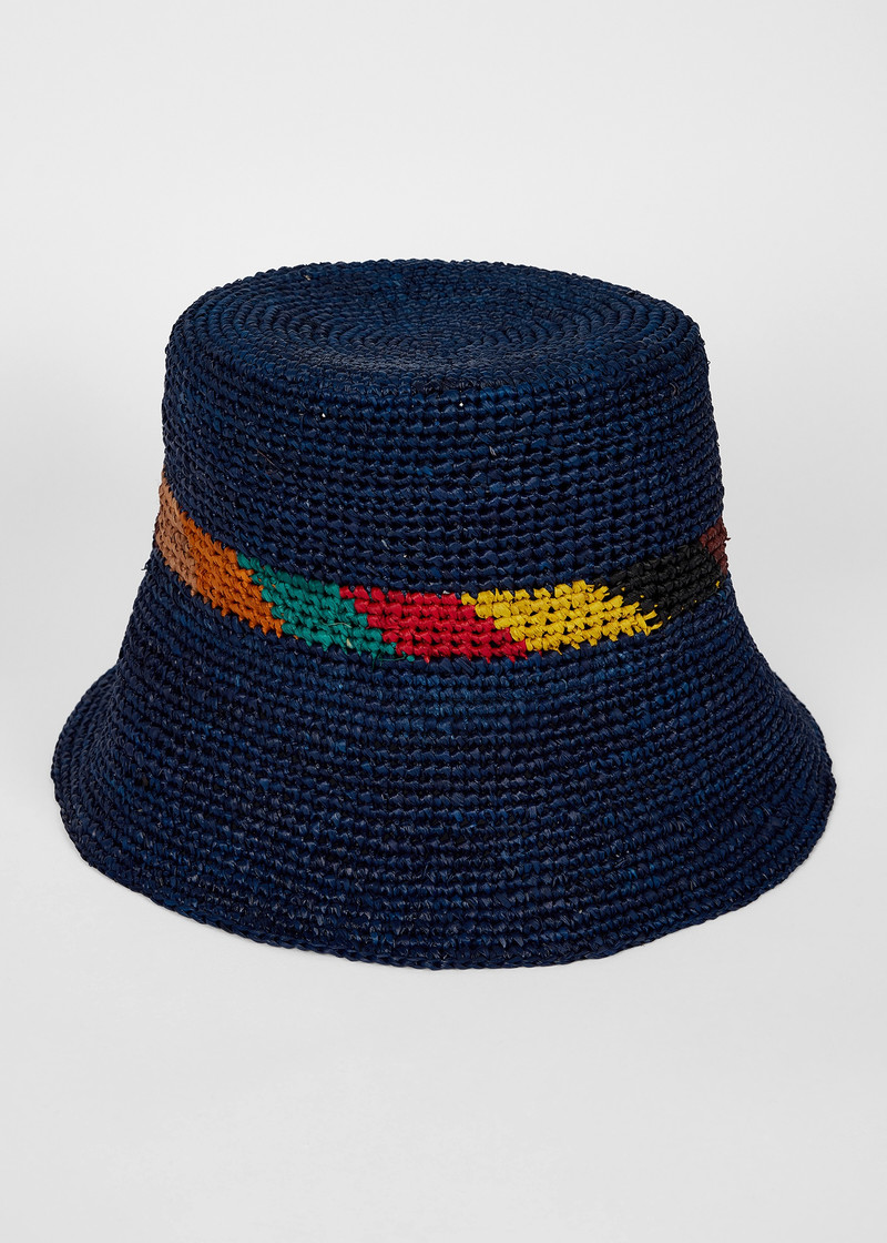 Paul Smith Women's Blue 'Signature Stripe' Trim Straw Hat outlook