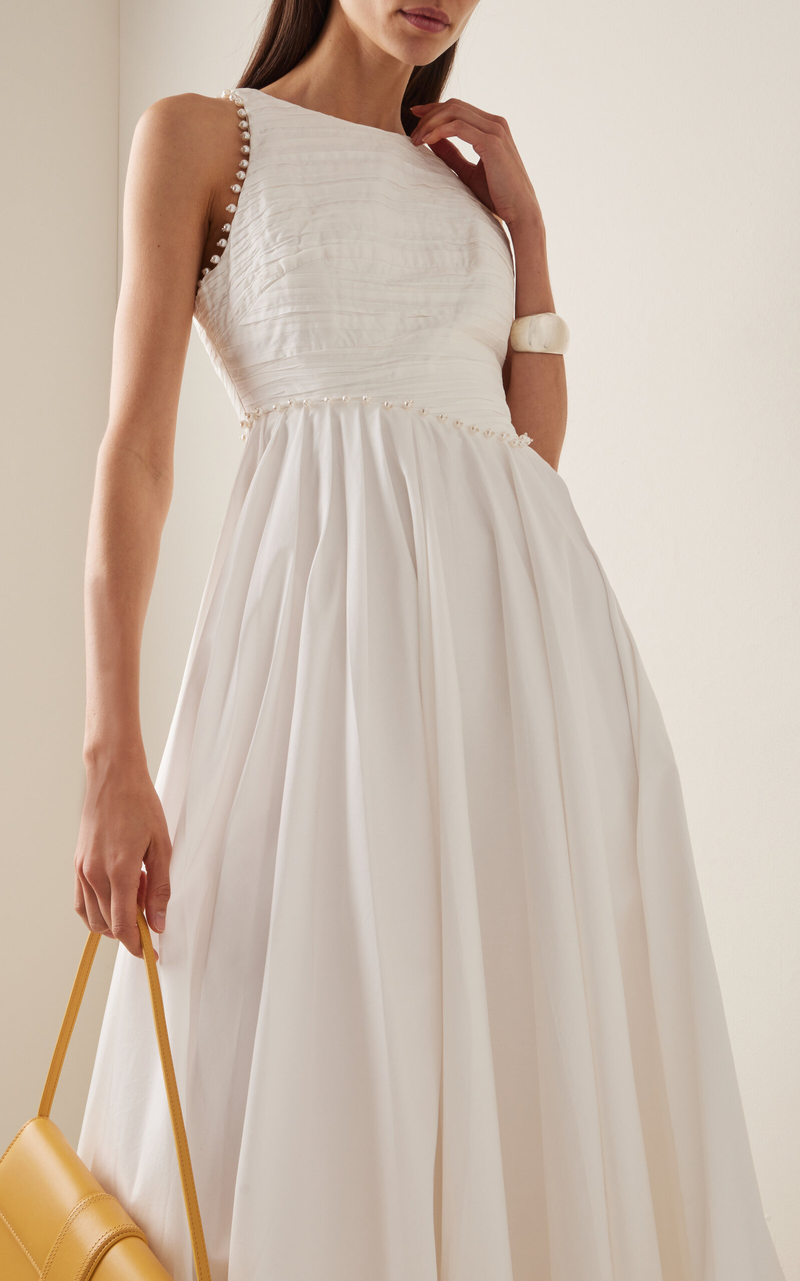 Florence Pearl-Trimmed Cotton Midi Dress ivory - 3