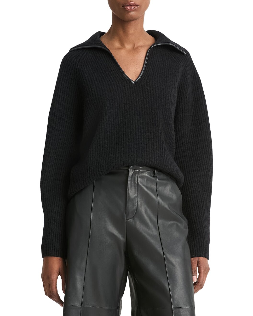 Vince Leather Trim Ribbed Wool & Cashmere-Blend Polo Shirt - 1
