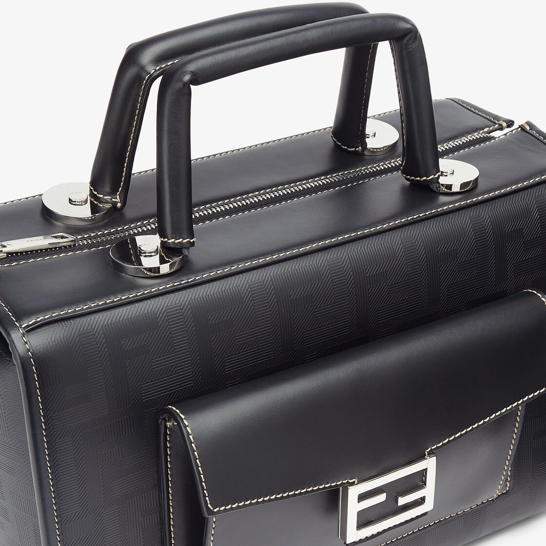 Structured-design Boston bag with zip fastening made of black leather with striped texture FF motif  - 5