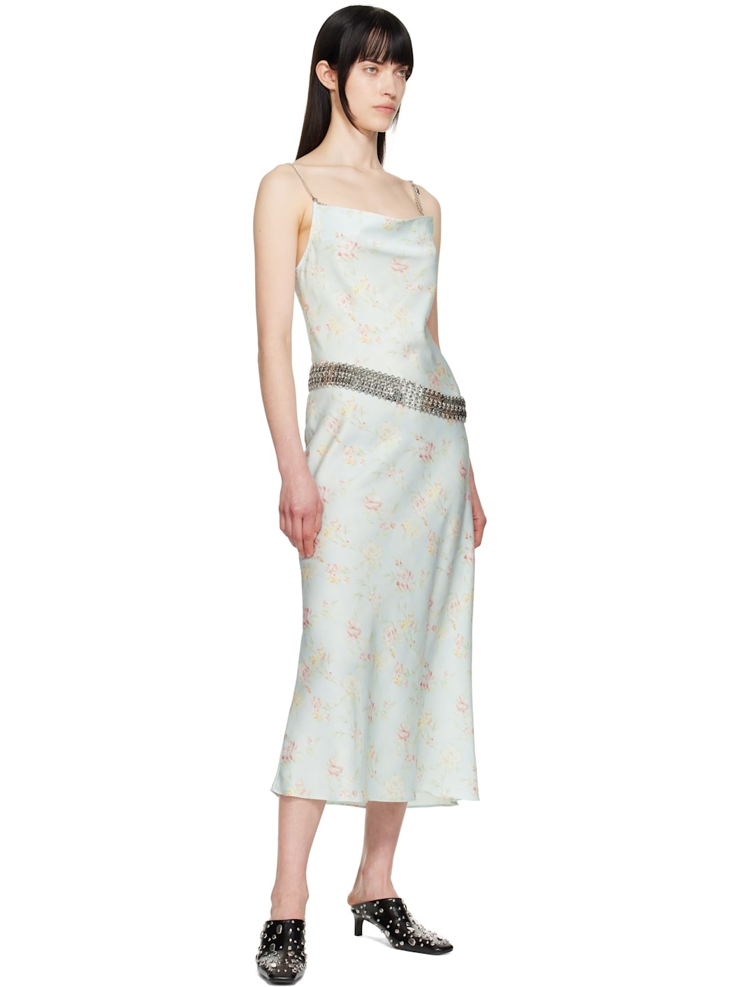 Blue Double Satin Printed Midi Dress - 5