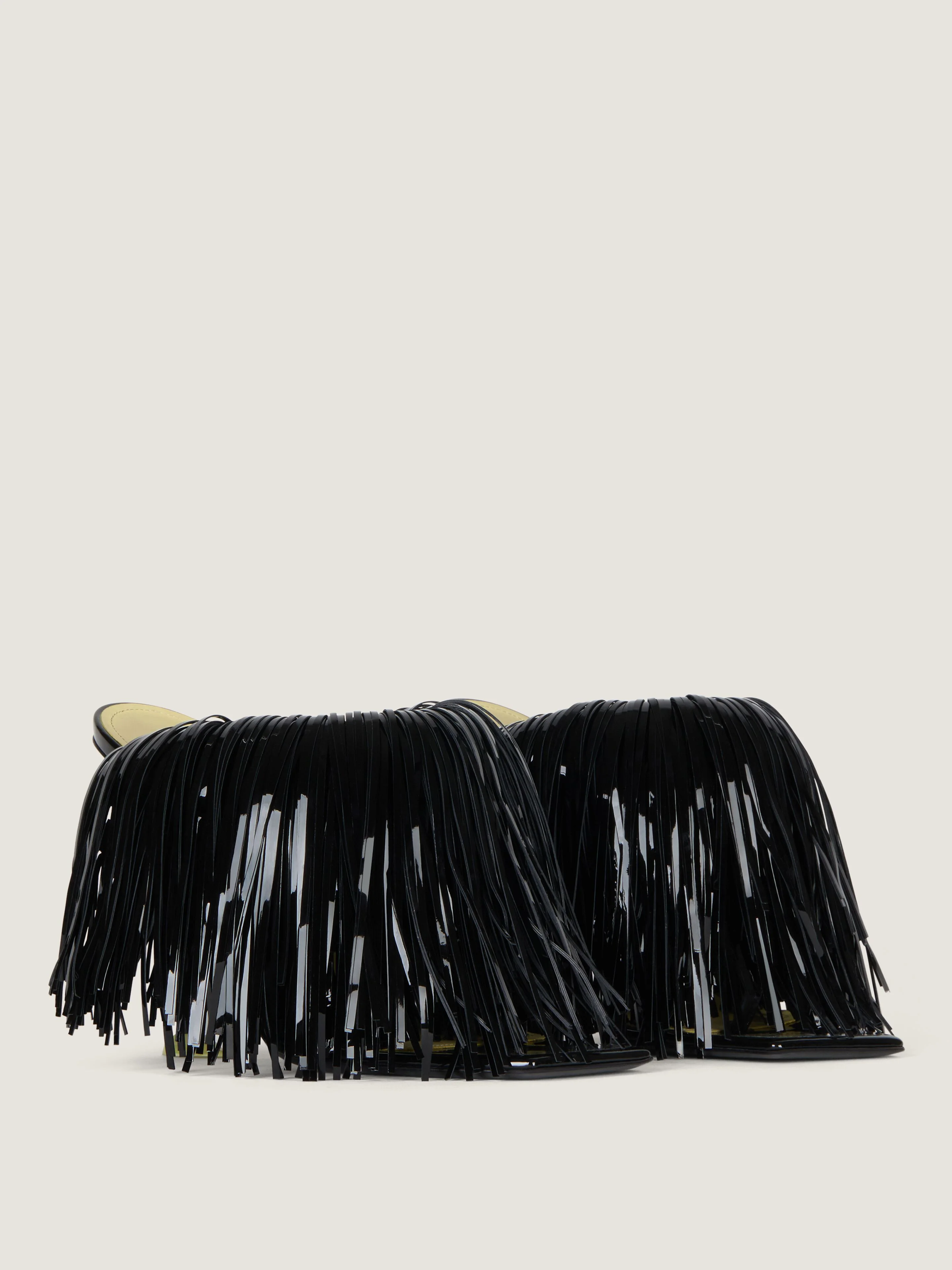 BOUDOIR HEELED MULES IN PATENT LEATHER WITH FRINGES - 1