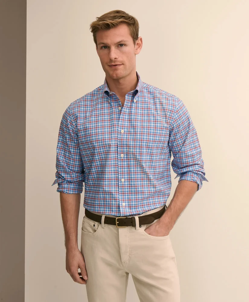 Stretch Supima® Cotton Non-Iron Broadcloth Polo Button-Down Collar, Check Sport Shirt - 1