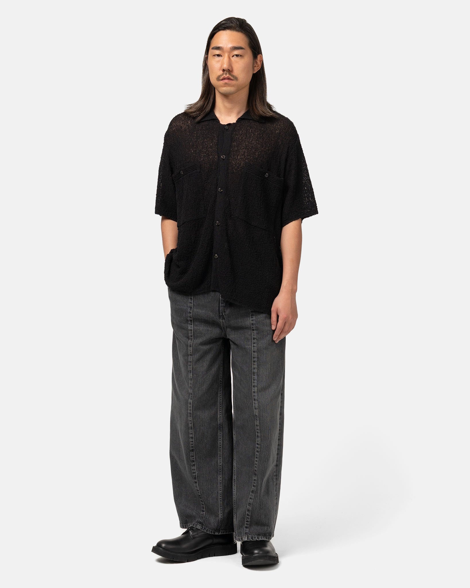 Cotton Sheer Knit Open Collar Shirt Black - 2