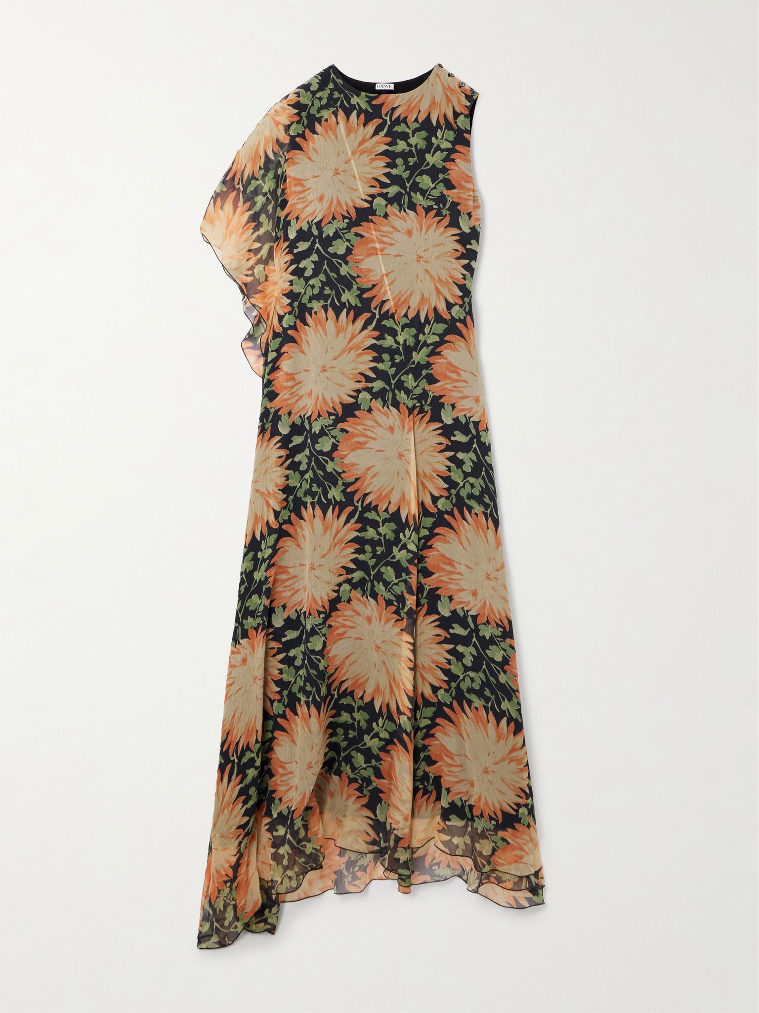 One-sleeve asymmetric floral-print silk-crepon dress Orange - 1