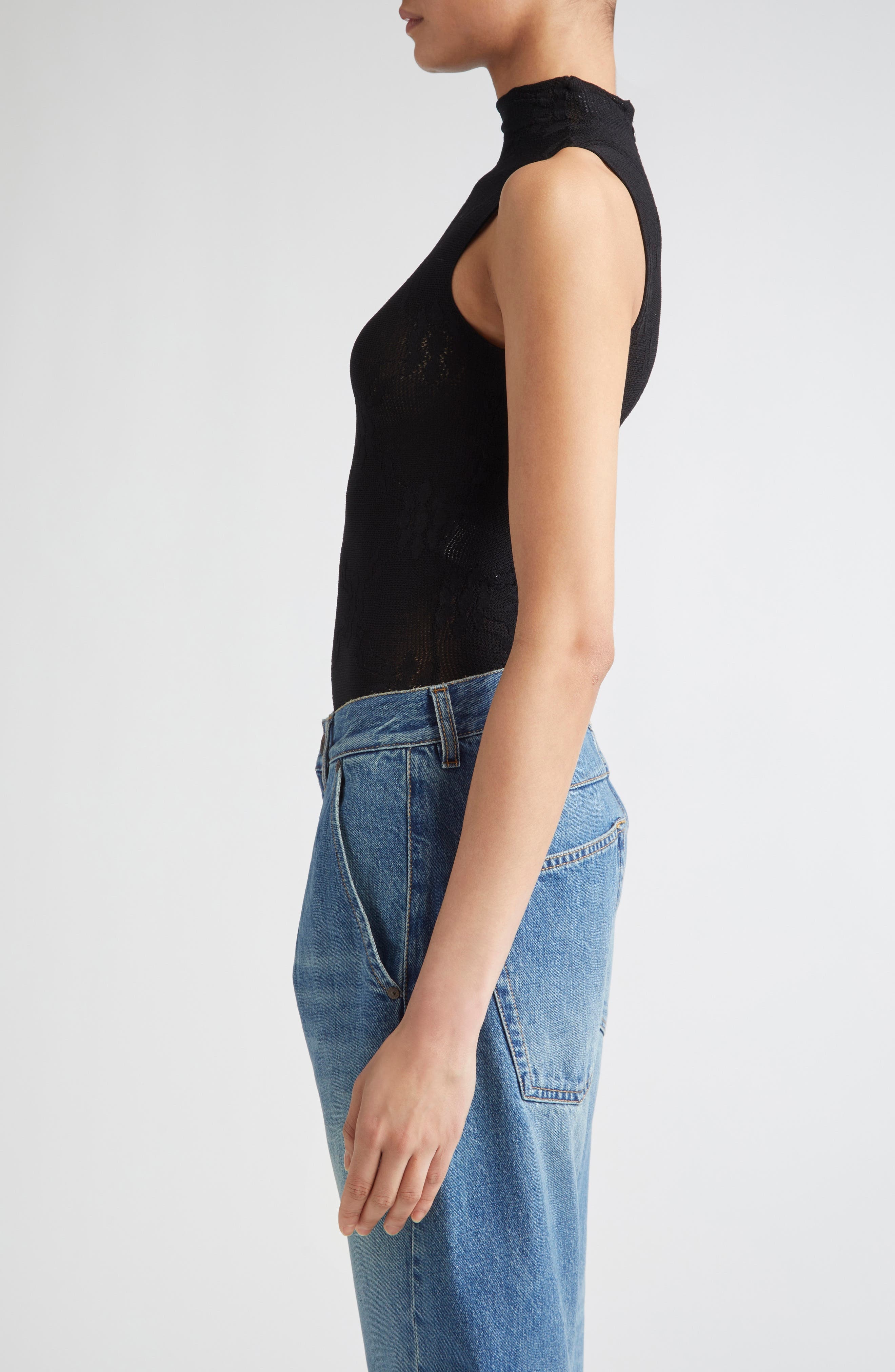 Victoria Beckham Funnel Neck Sleeveless Lace Bodysuit in Black at Nordstrom - 4