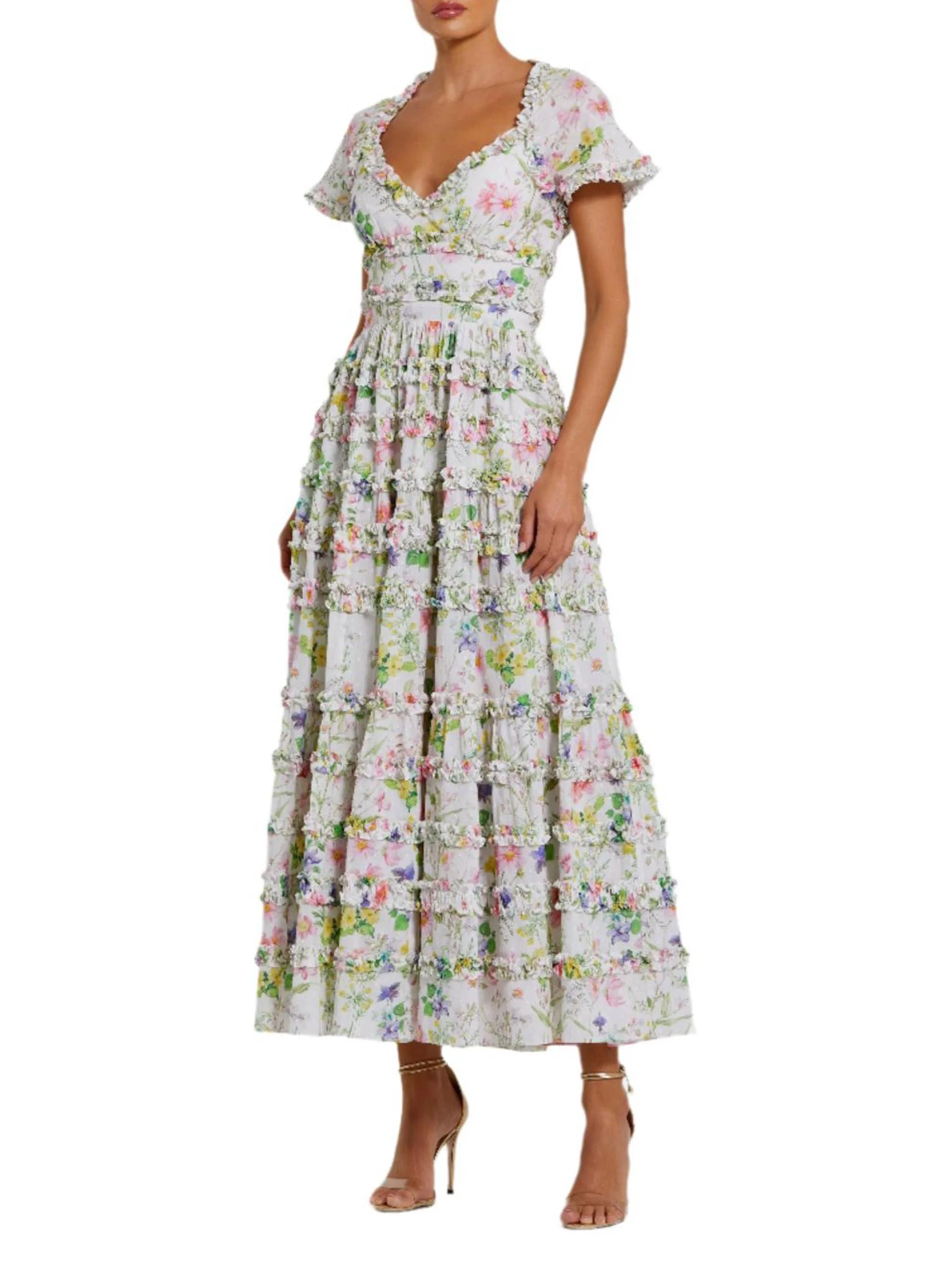 Women's Floral Ruffle Open-Back Cocktail Dress - White Multi - 1
