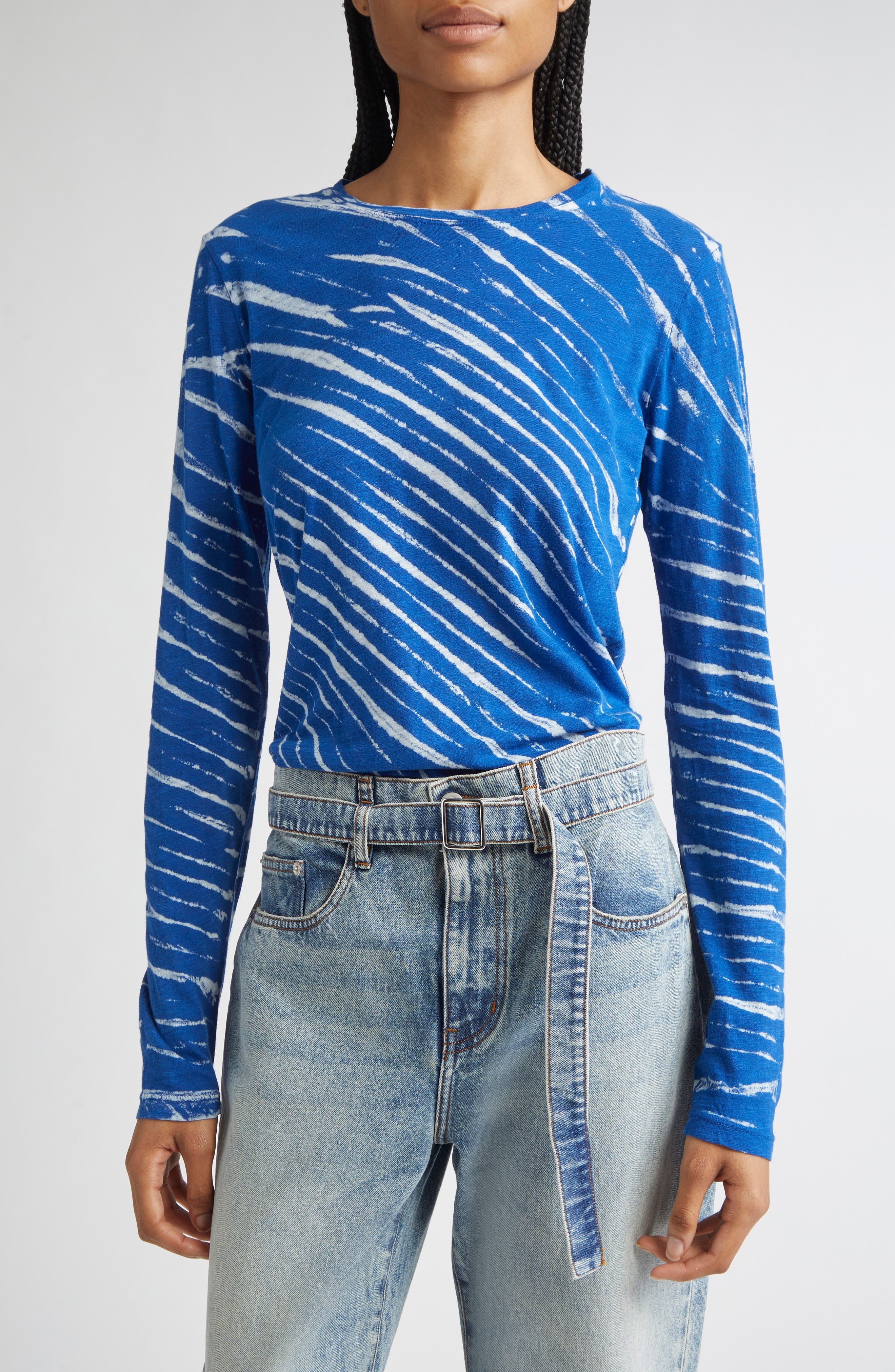 Proenza Schouler Mia Tie Dye Long Sleeve Cotton Tissue T-Shirt in Blue Multi at Nordstrom - 1