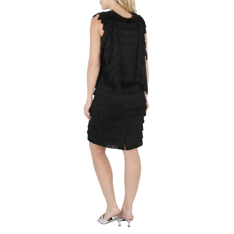Burberry Ladies Black Fringe Detail Silk Sleeveless Midi Dress - 6