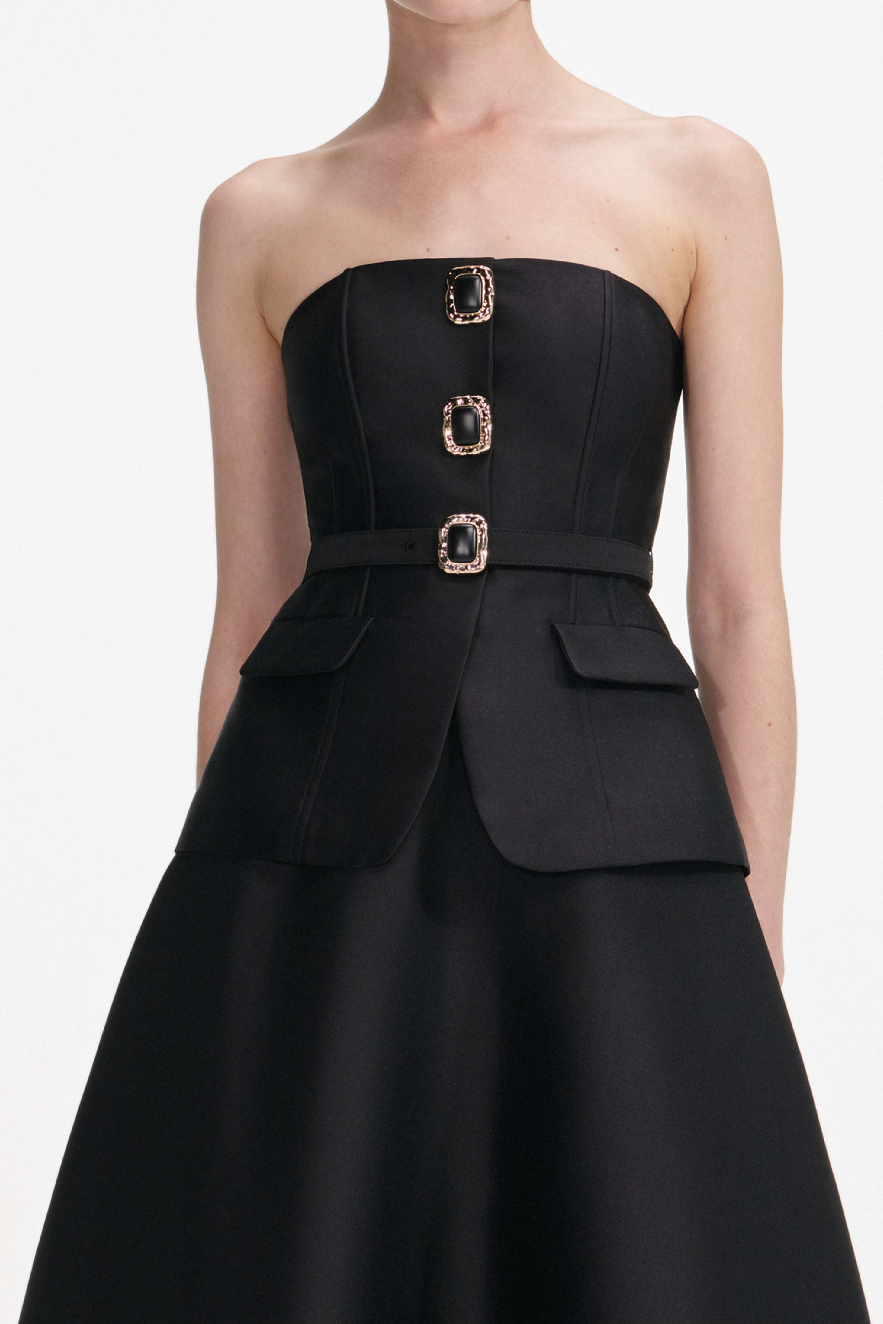 BLACK TAFFETA BANDEAU MIDI DRESS - 4