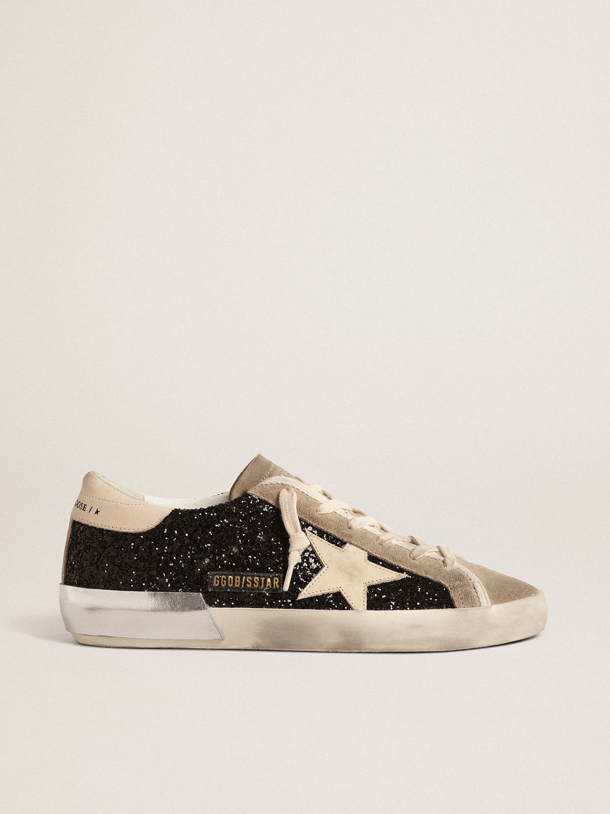 Golden Goose Super-Star in black glitter with cream star and suede inserts  | REVERSIBLE