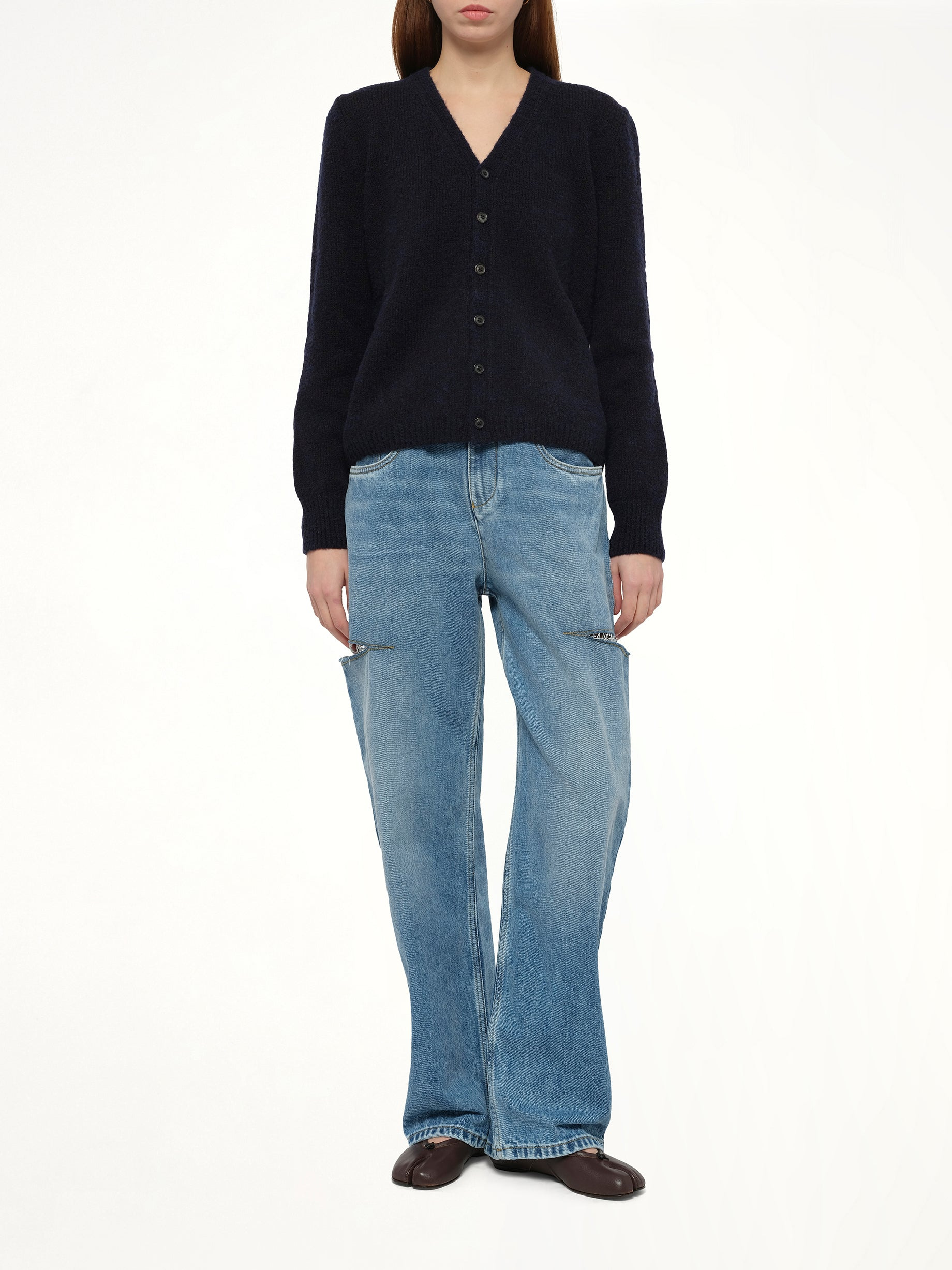 Gauge 5 Cardigan in Navy/Dark Brown - 4