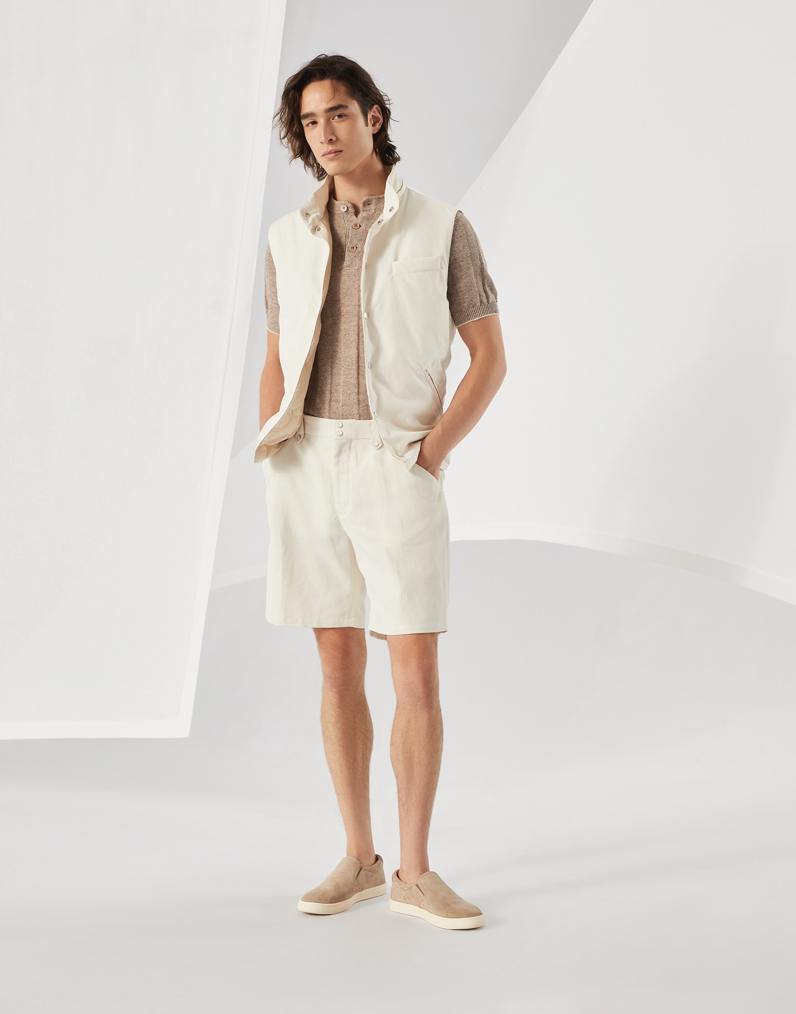 Cotton and linen chevron cavalry Bermuda shorts - 4