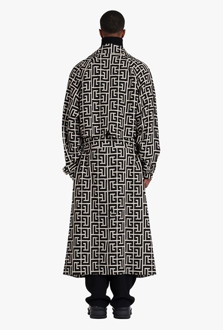 Bicolor ivory and black wool trench coat with Balmain monogram - 3