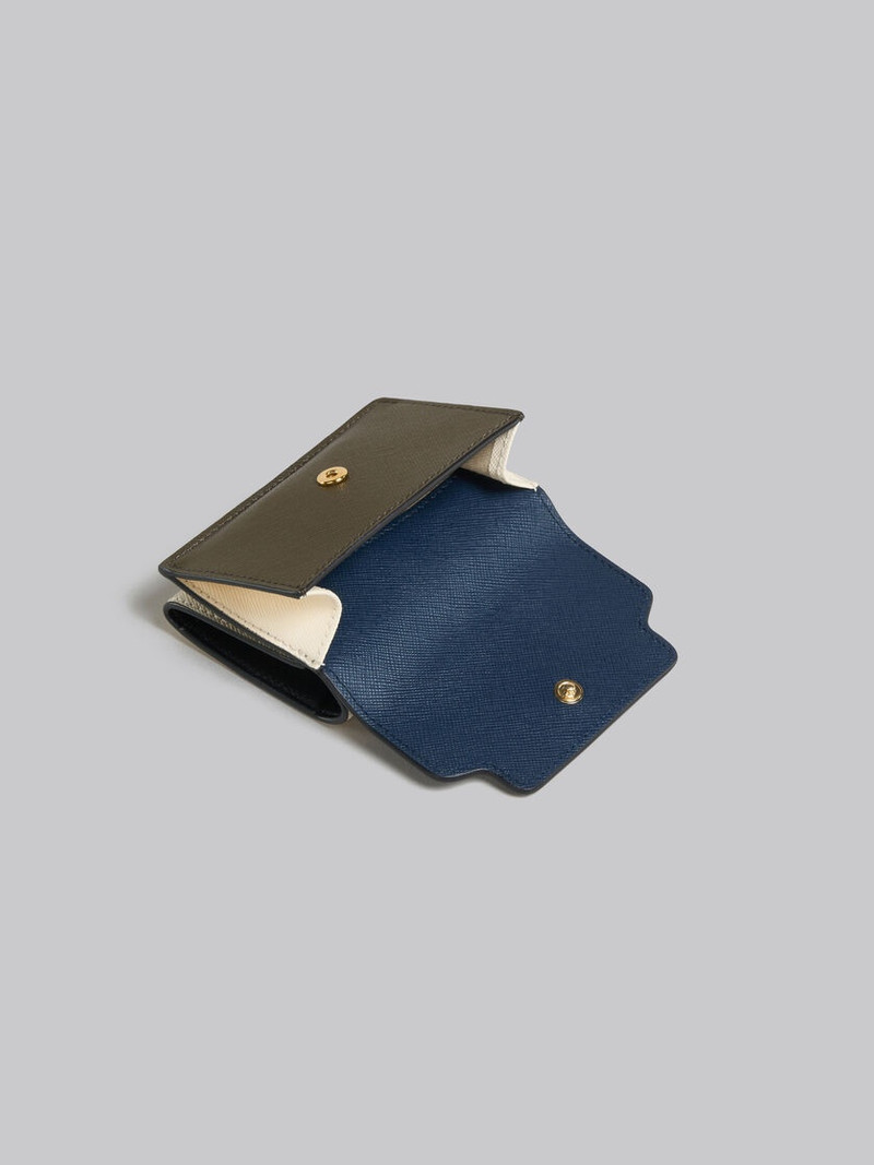 DEEP BLUE CREAM AND GREEN SAFFIANO LEATHER TRI-FOLD WALLET 5