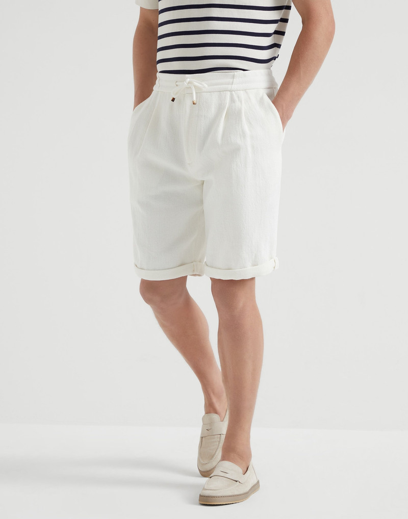 Cotton and linen chevron Bermuda shorts with drawstring and double pleats 1