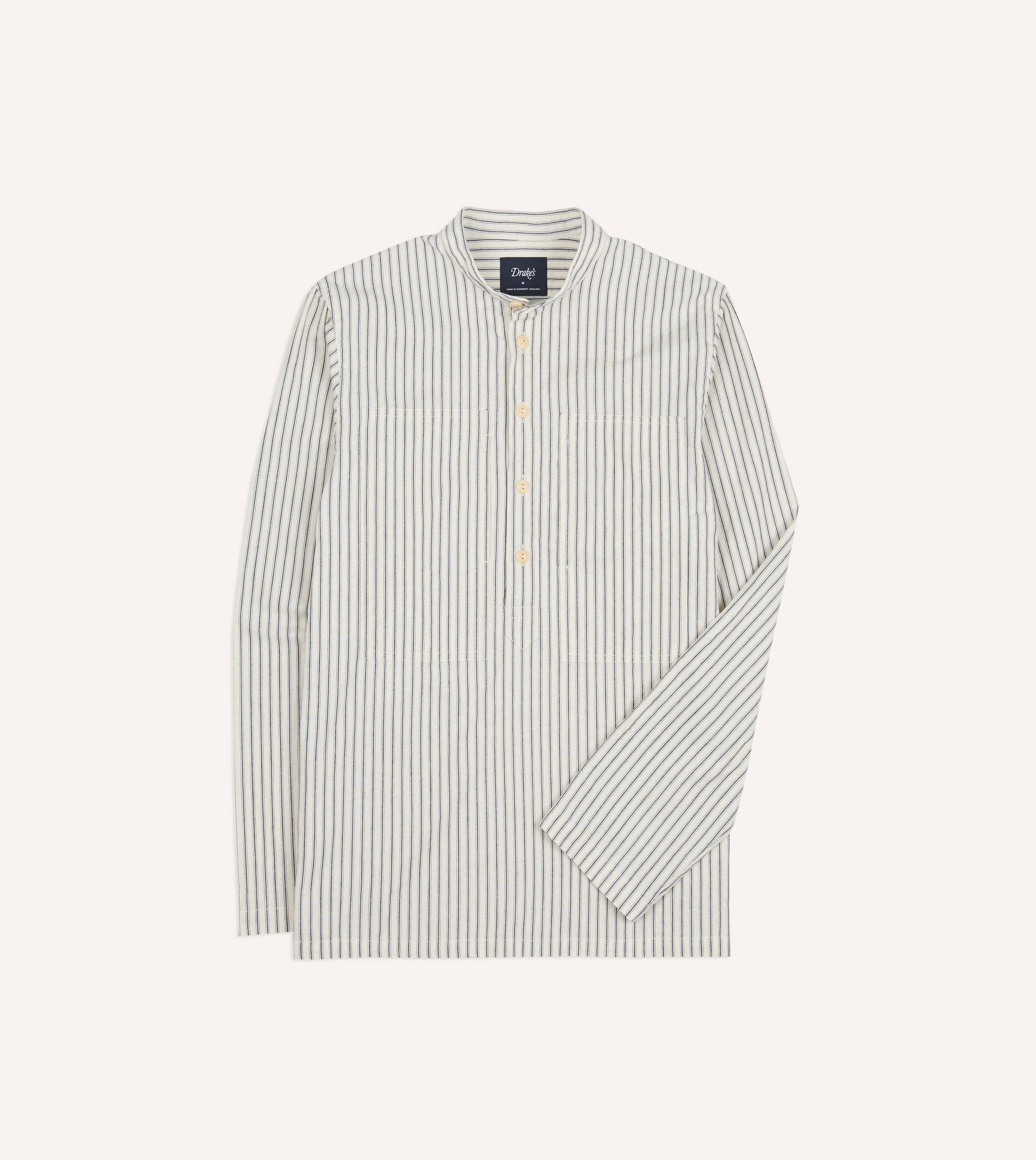 Indigo Stripe Cotton Mandarin Collar Popover Shirt - 1