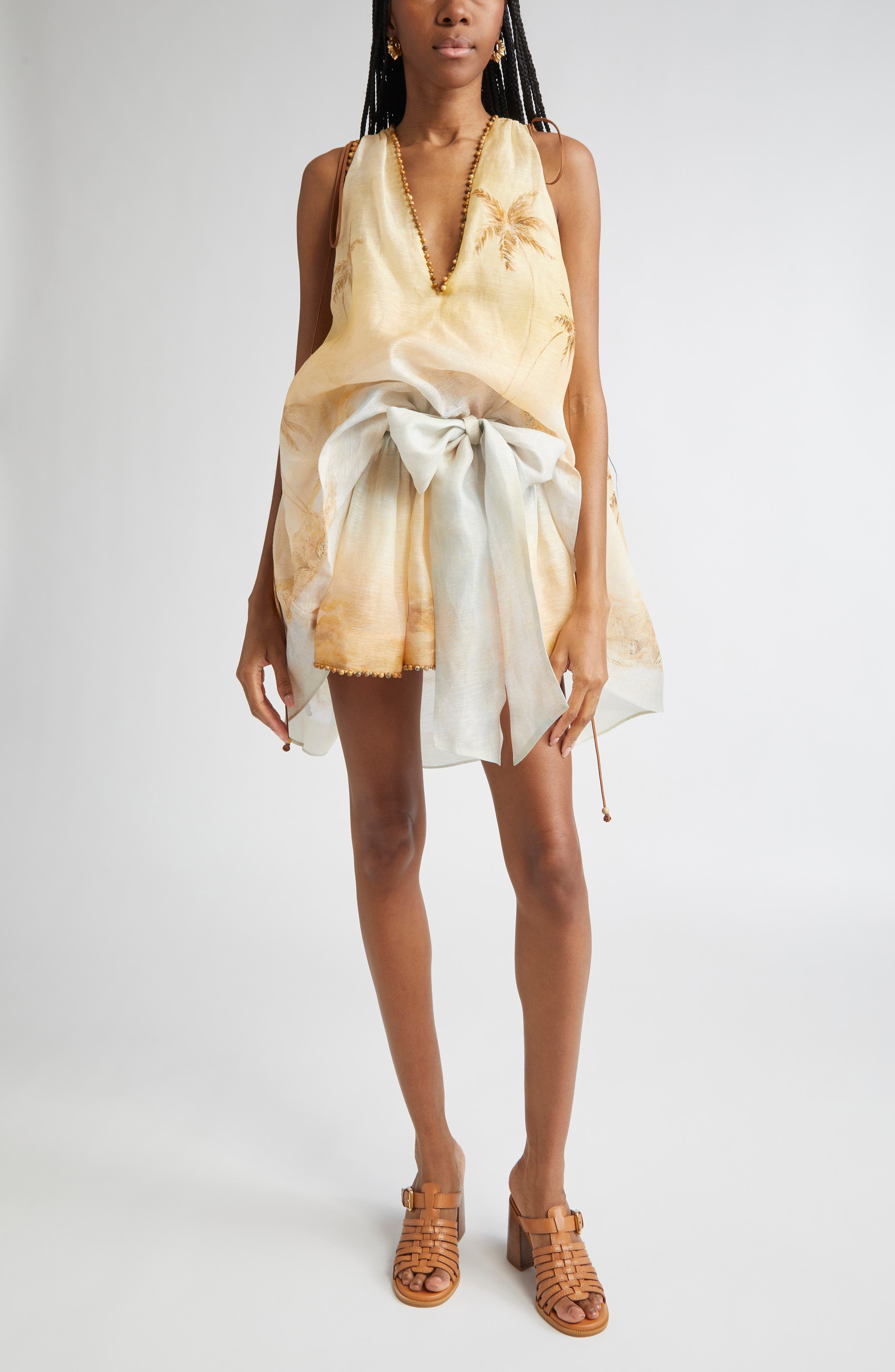 Zimmermann Balance Plunge Neck Linen & Silk Minidress in Yellow Seascape at Nordstrom - 1