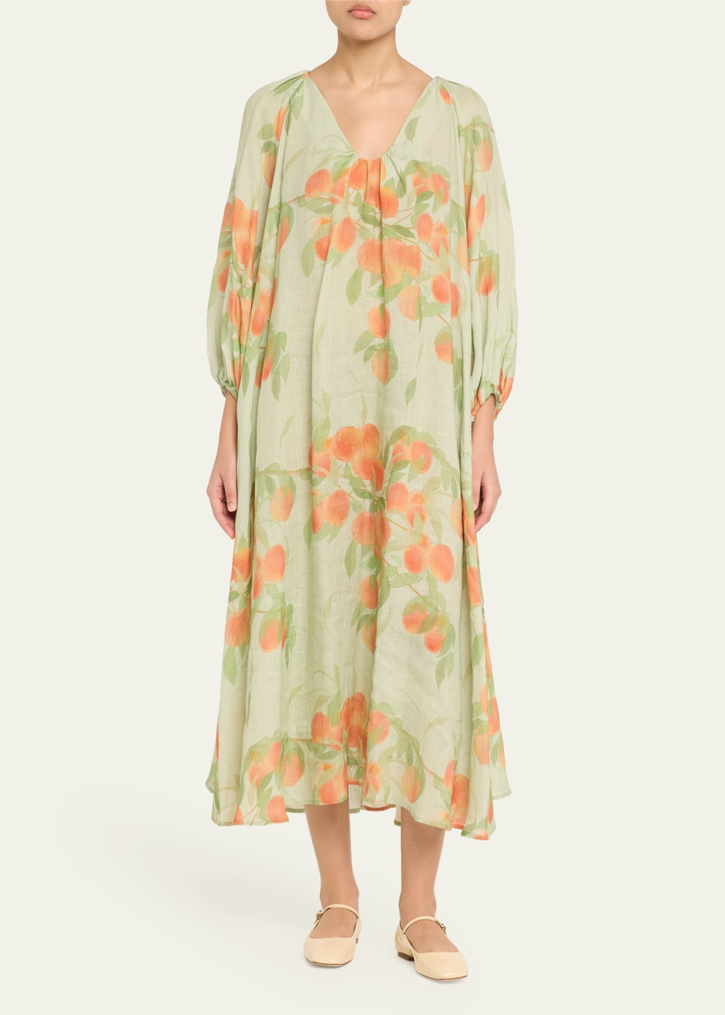 Peach Print Puff-Sleeve Linen Dress - 2