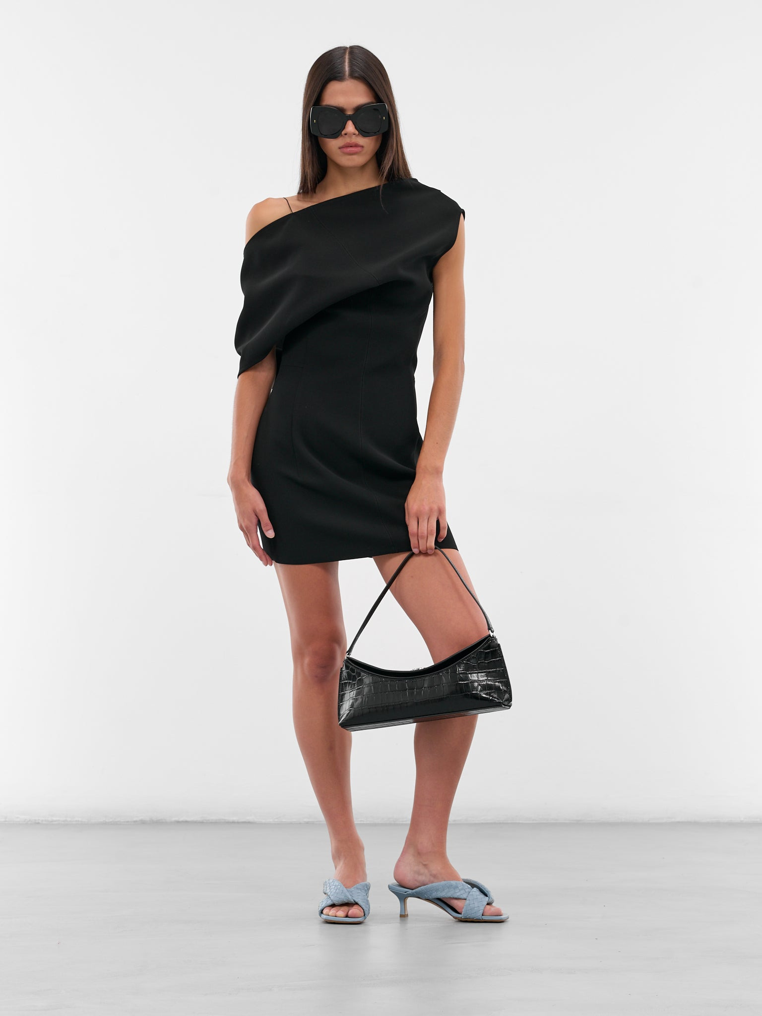 Black Draped Shoulder Mini Dress - 6