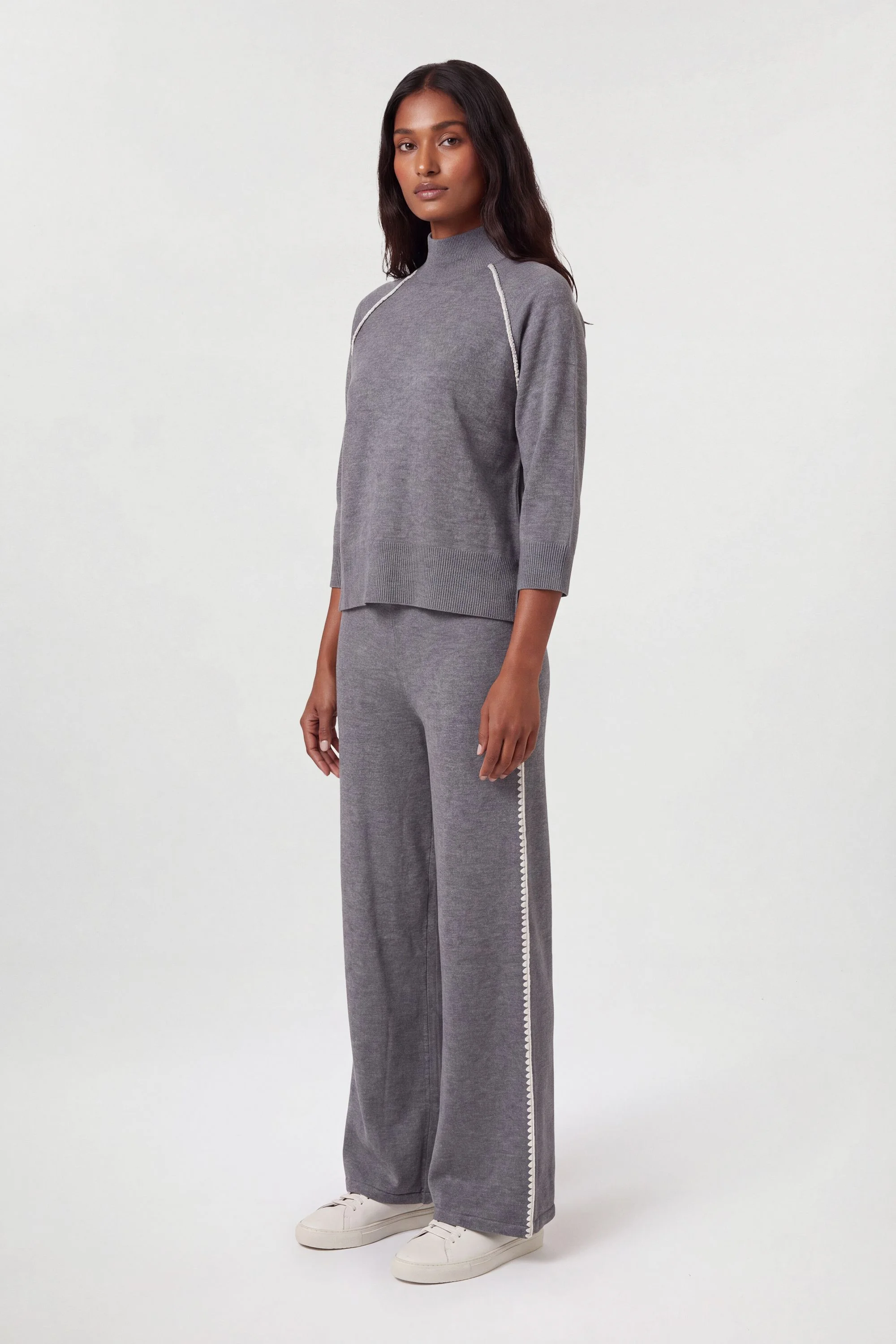 Blanket Stitch Detail Knitted Wide Leg Trouser - 1
