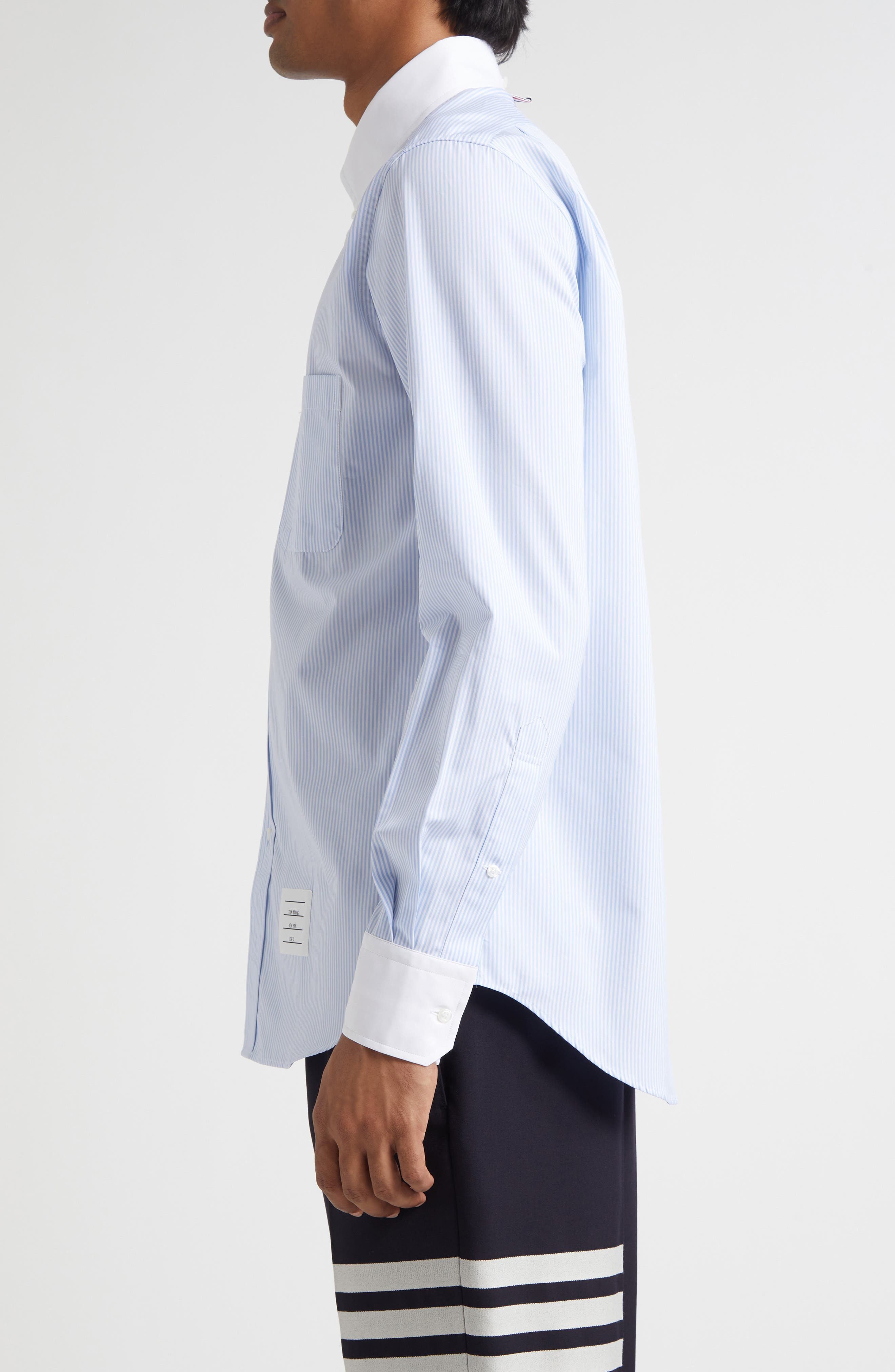 Thom Browne Micro University Stripe Straight Fit Cotton Poplin Button-Down Shirt in Light Blue at No - 3