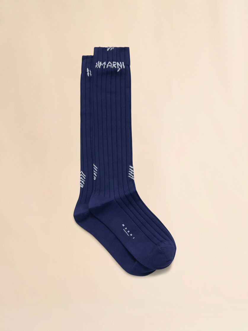 BLUE RIBBED COTTON SOCKS WITH MARNI MENDING - 1