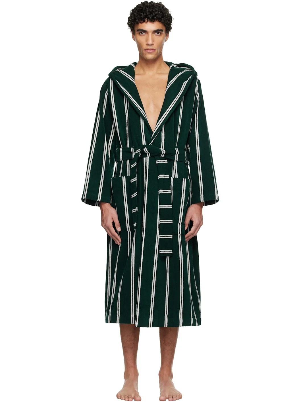 Green & White Terry Hooded Bathrobe - 1