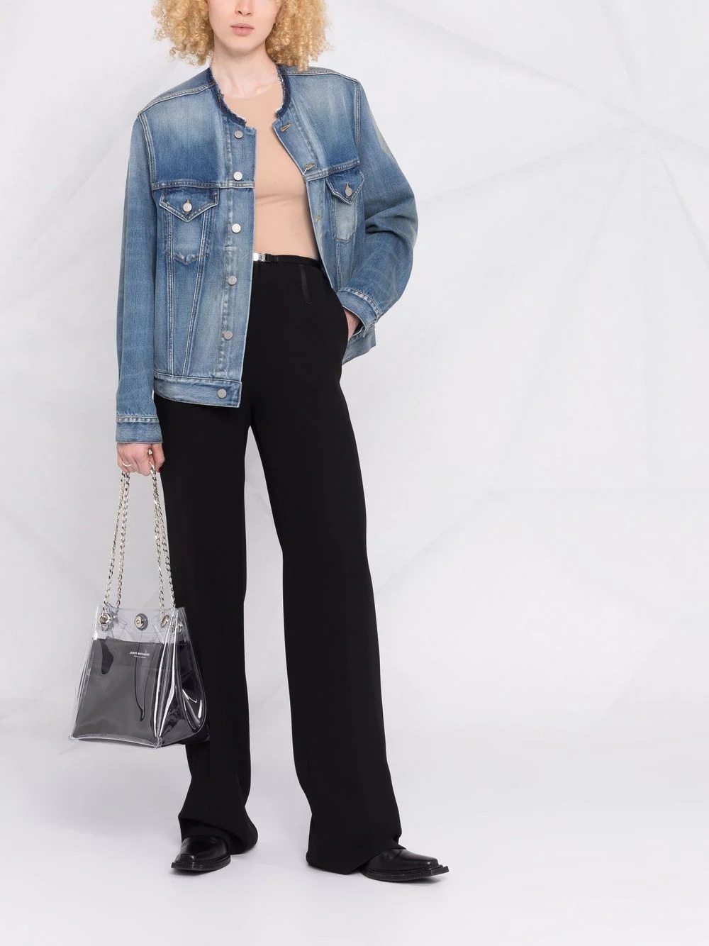 collarless denim jacket - 2