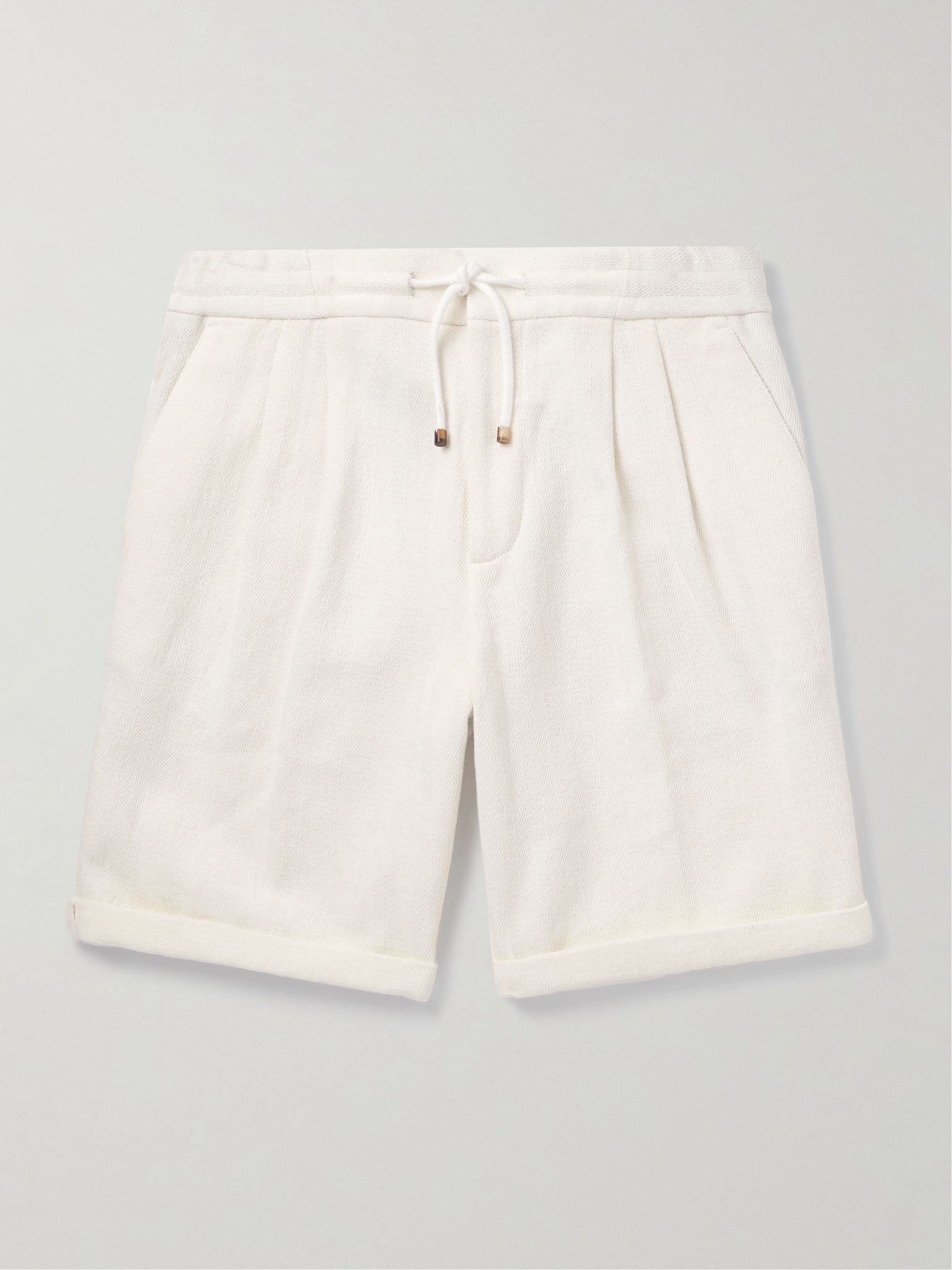 Straight-Leg Pleated Herringbone Cotton and Linen-Blend Drawstring Bermuda Shorts White - 1
