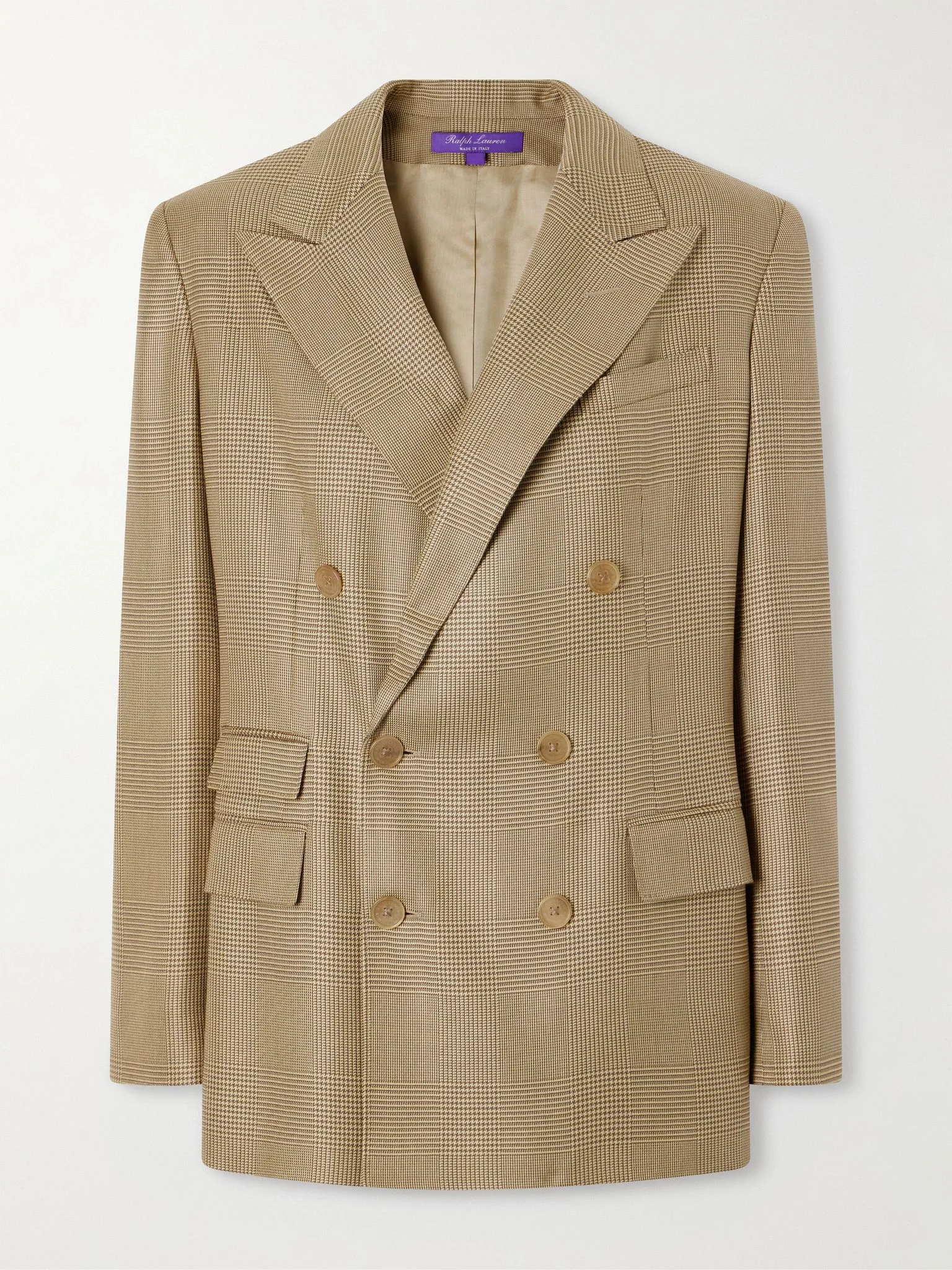 Glen double-breasted Prince of Wales checked silk blazer Camel - 1