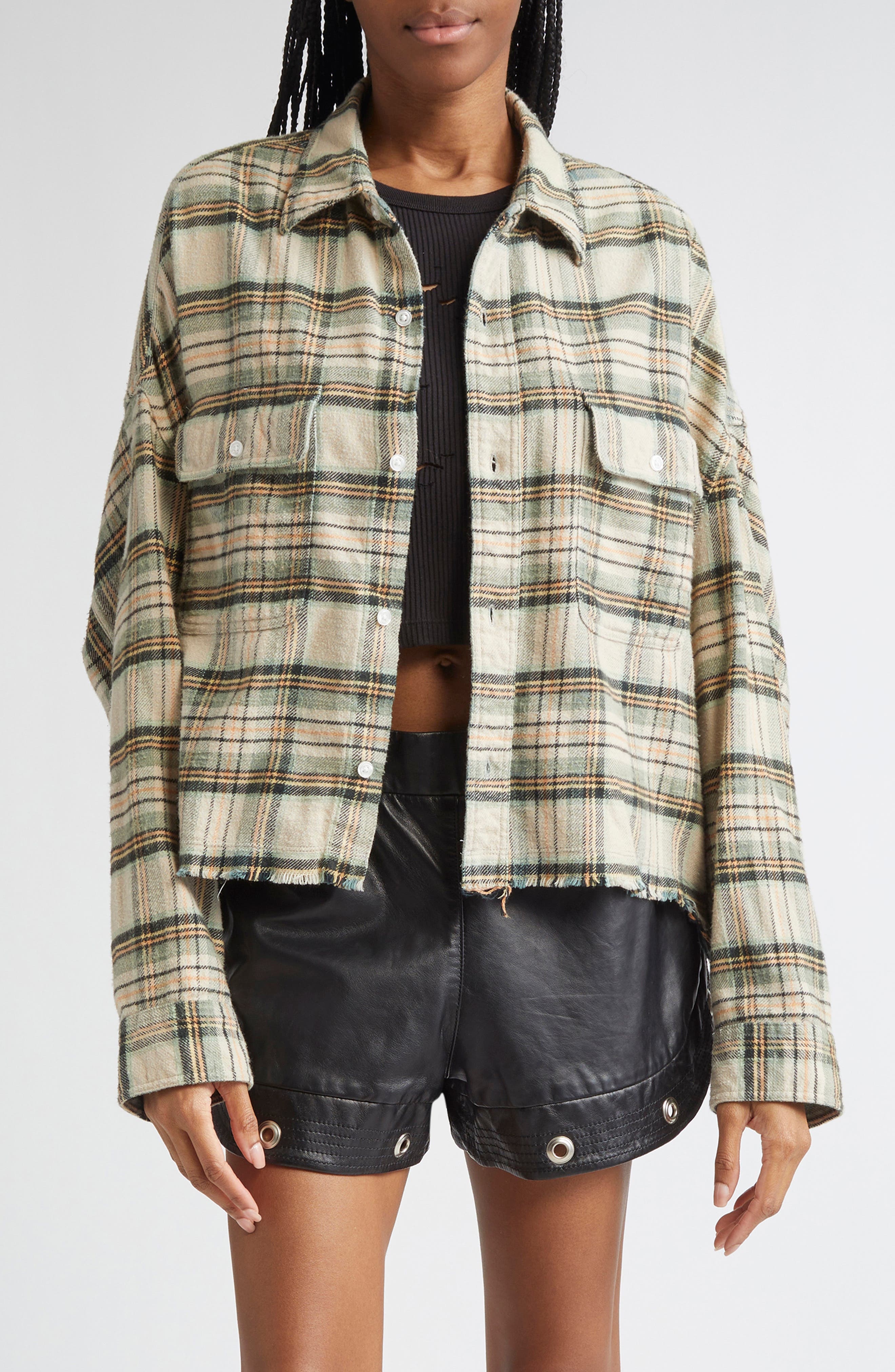 R13 Crop Plaid Flannel Button-Up Shirt in Cream/Turquoise Plaid at Nordstrom - 1
