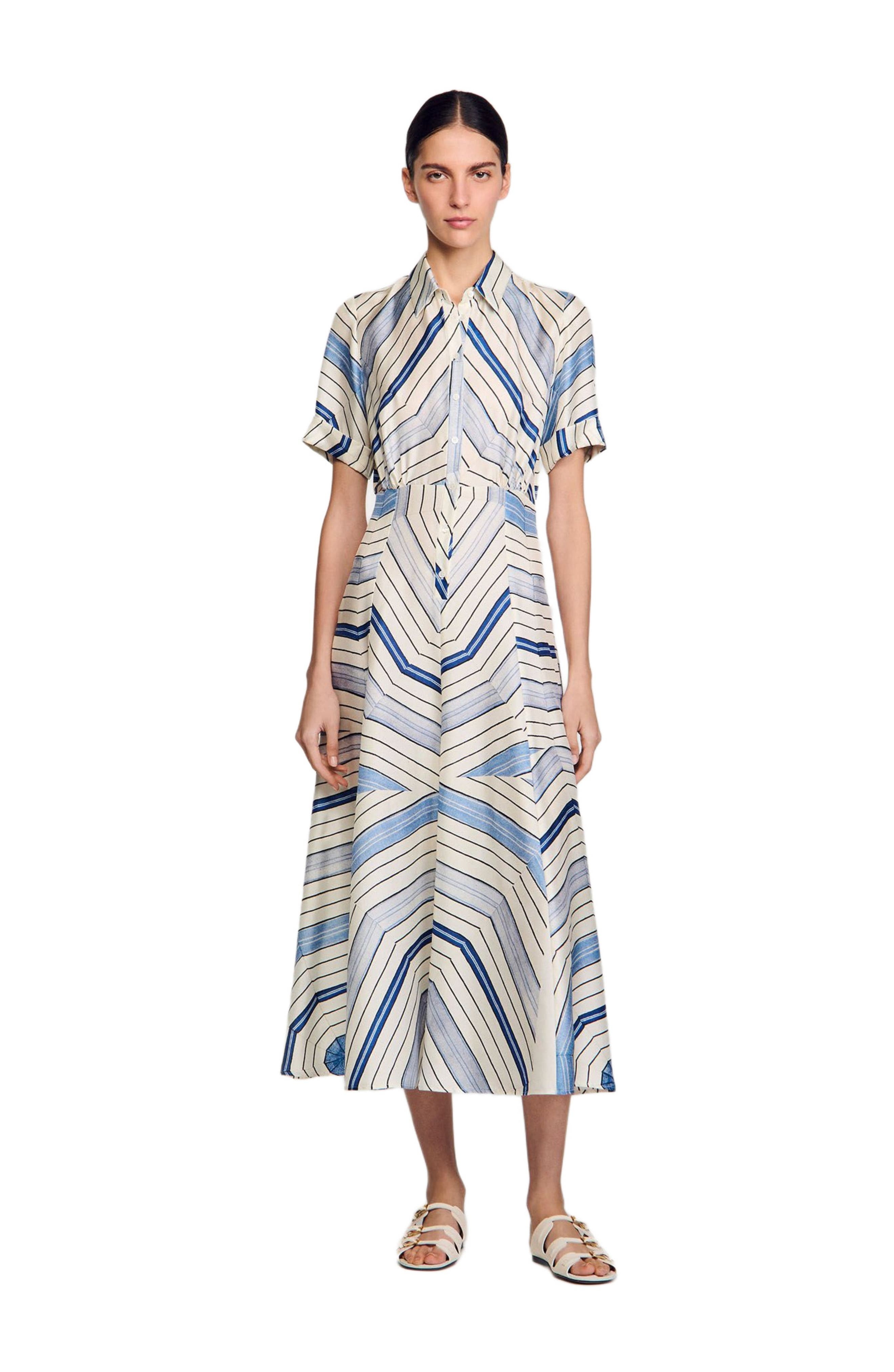SANDRO Spiral-motif silk midi dress in Sky Blue at Nordstrom - 6