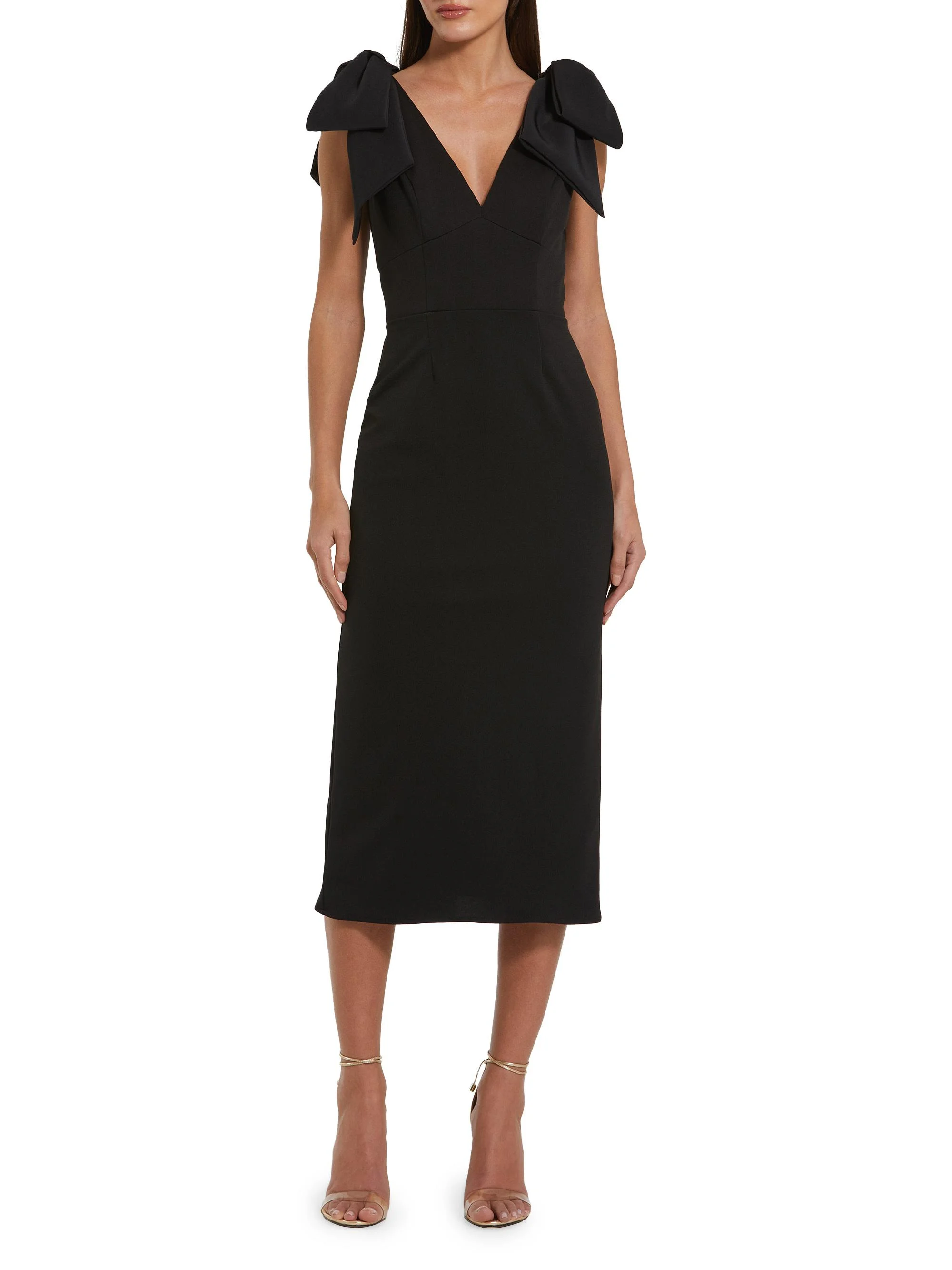 Women's Crêpe Bow Shoulder Midi-Dress - Black - 1