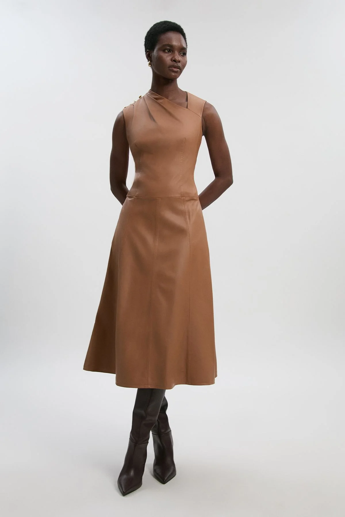 Leather Asymmetric Neck Full Skirt Midi Dress - 1