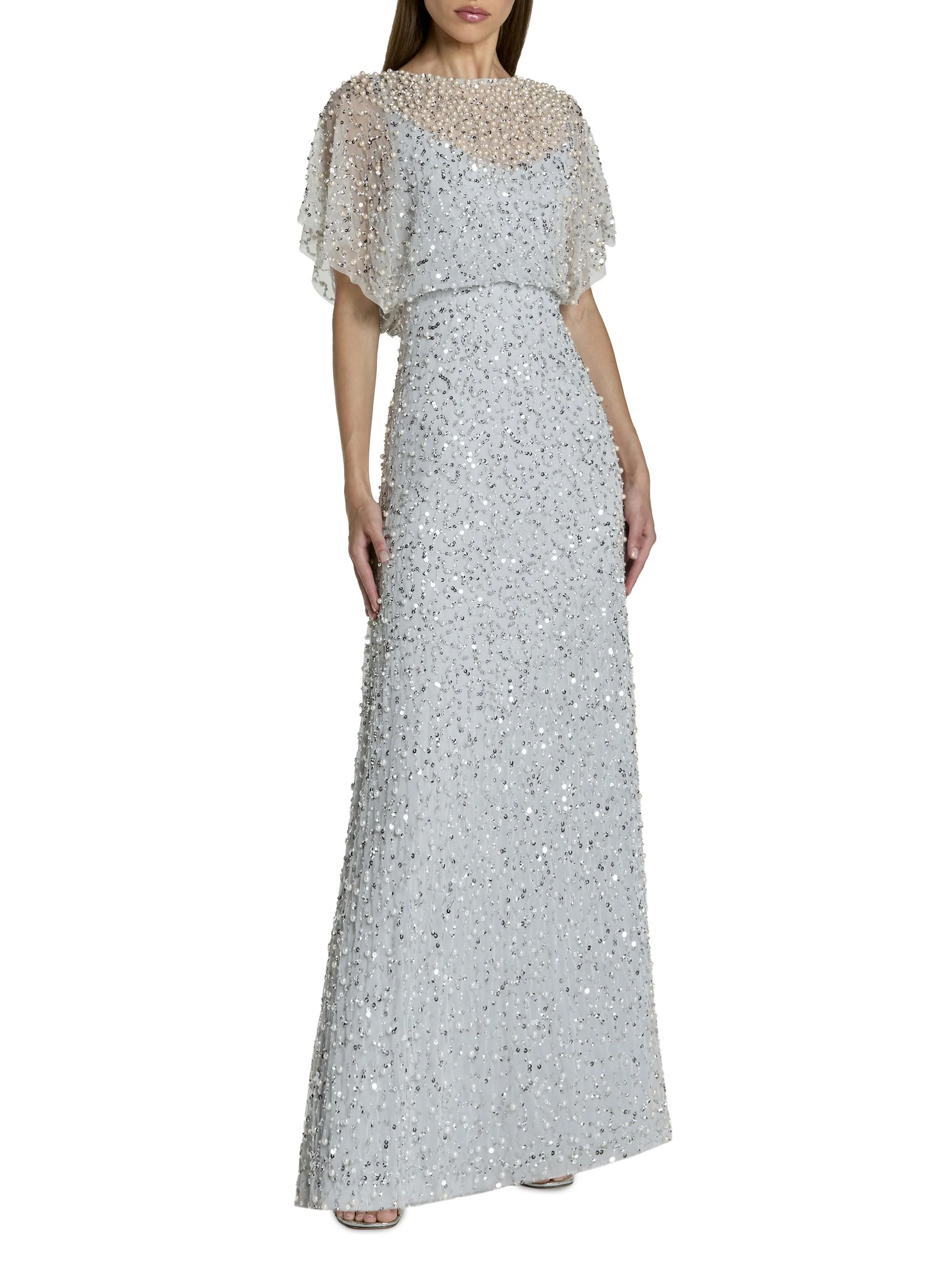 Women's Beaded Sequin Shawl Gown - Powder Blue - 1