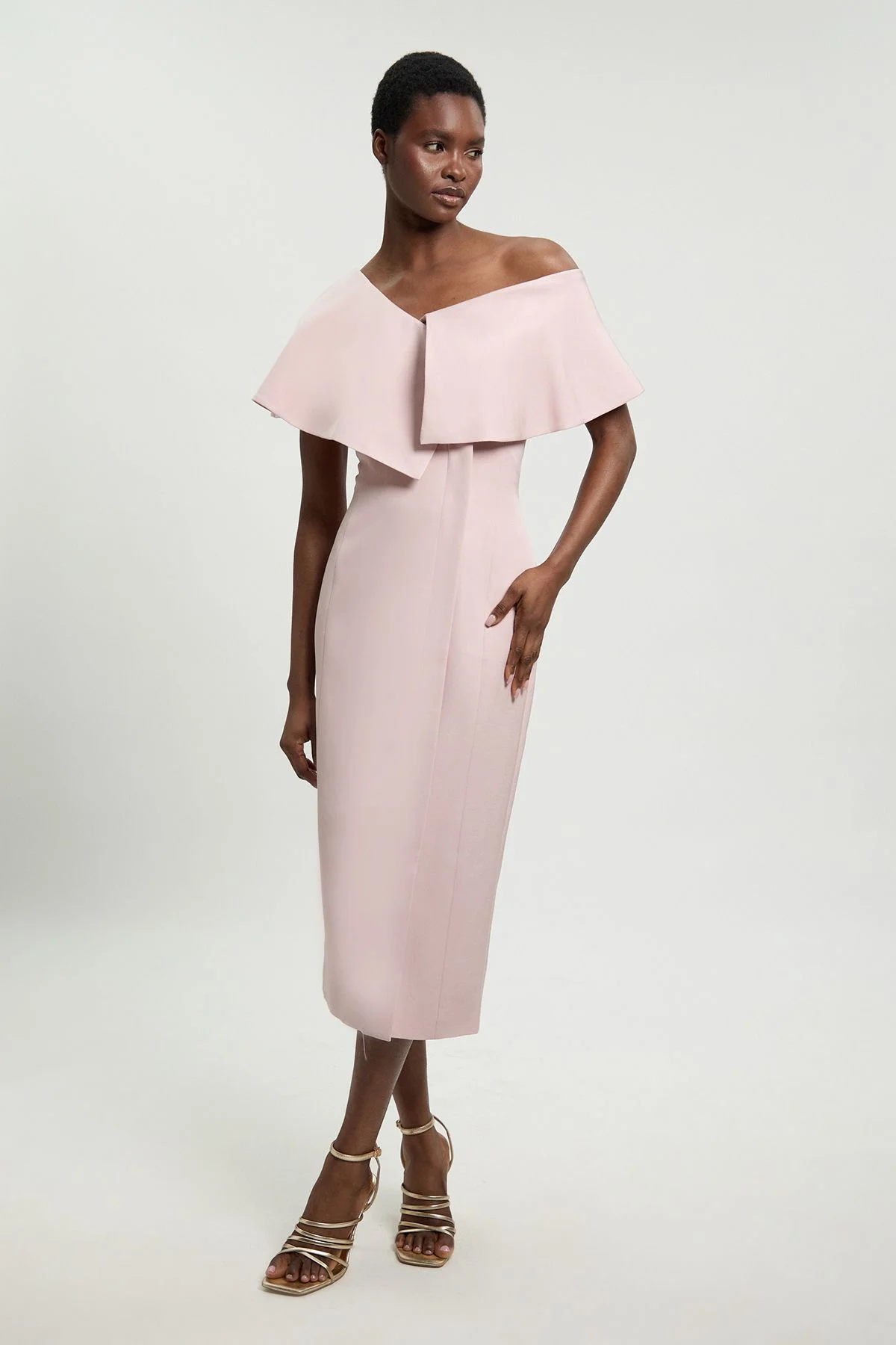 Petite Polished Linen Blend Asymmetric Fold Detail Tailored Midi Pencil Dress - 1