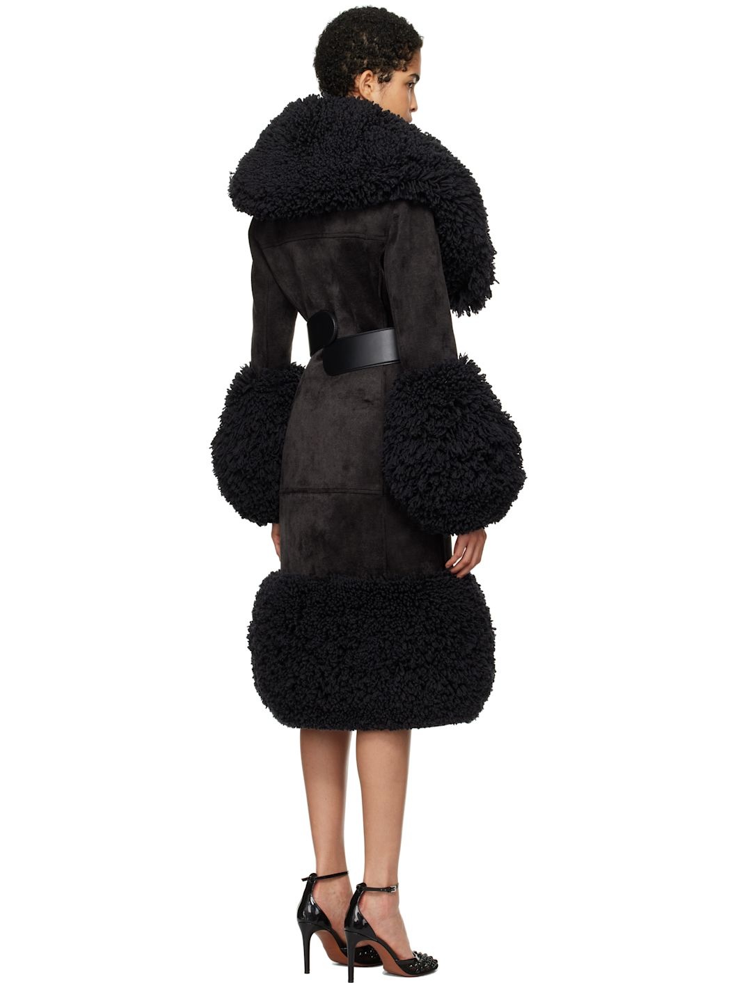 Black Knitted Tailored Faux-Shearling Coat - 3