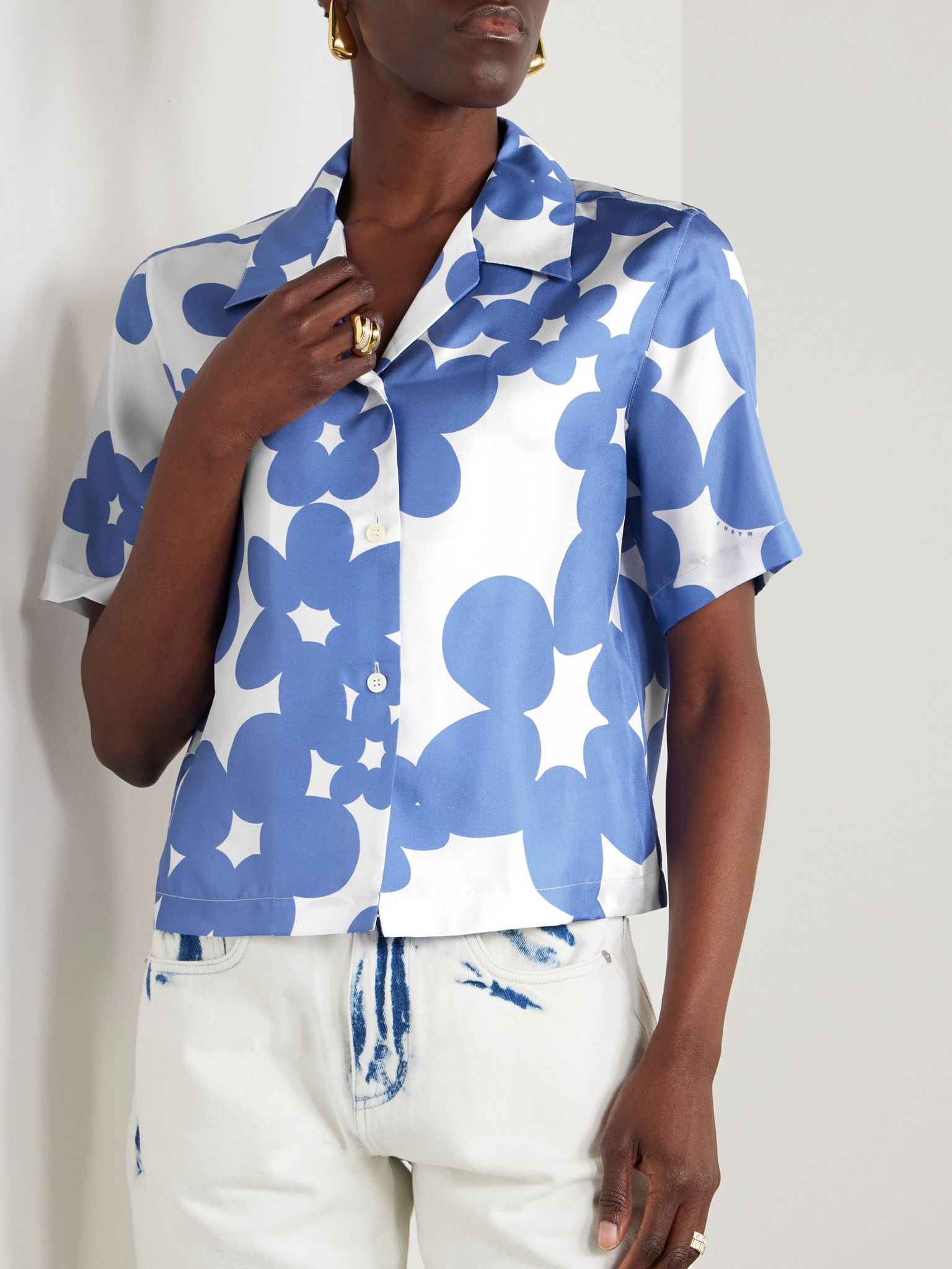 Floral-print silk-twill shirt Blue - 3