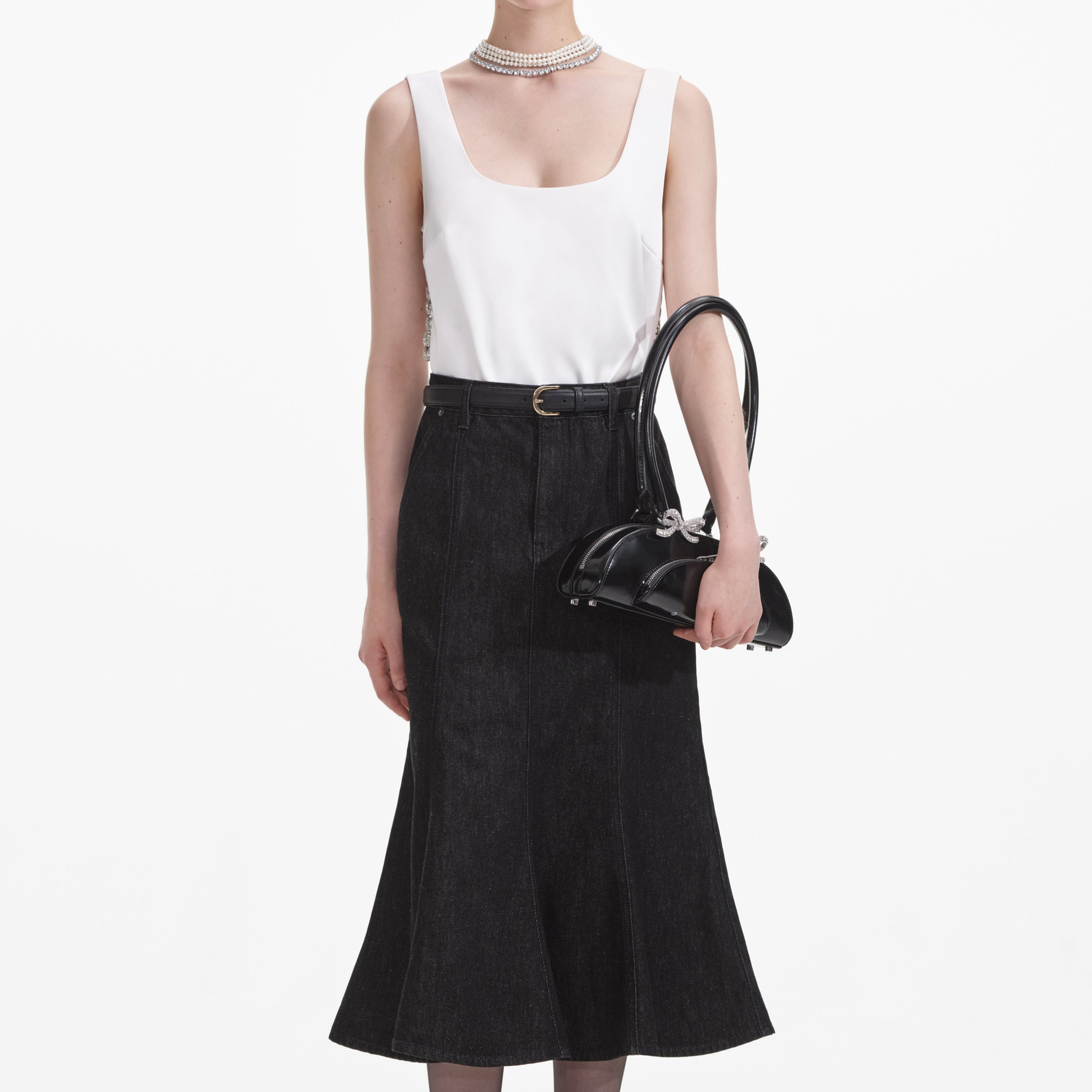 Black Flared Denim Midi Skirt - 4