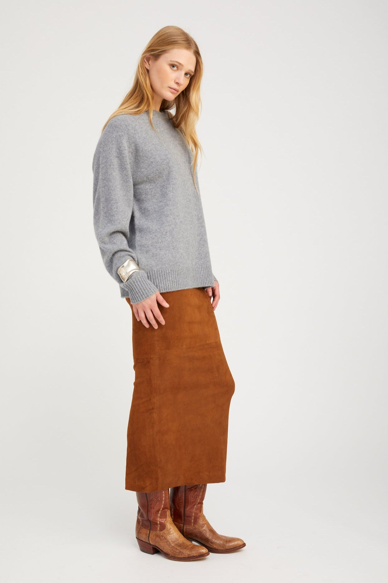 DARK COGNAC SUEDE MAXI TUBE SKIRT - 4