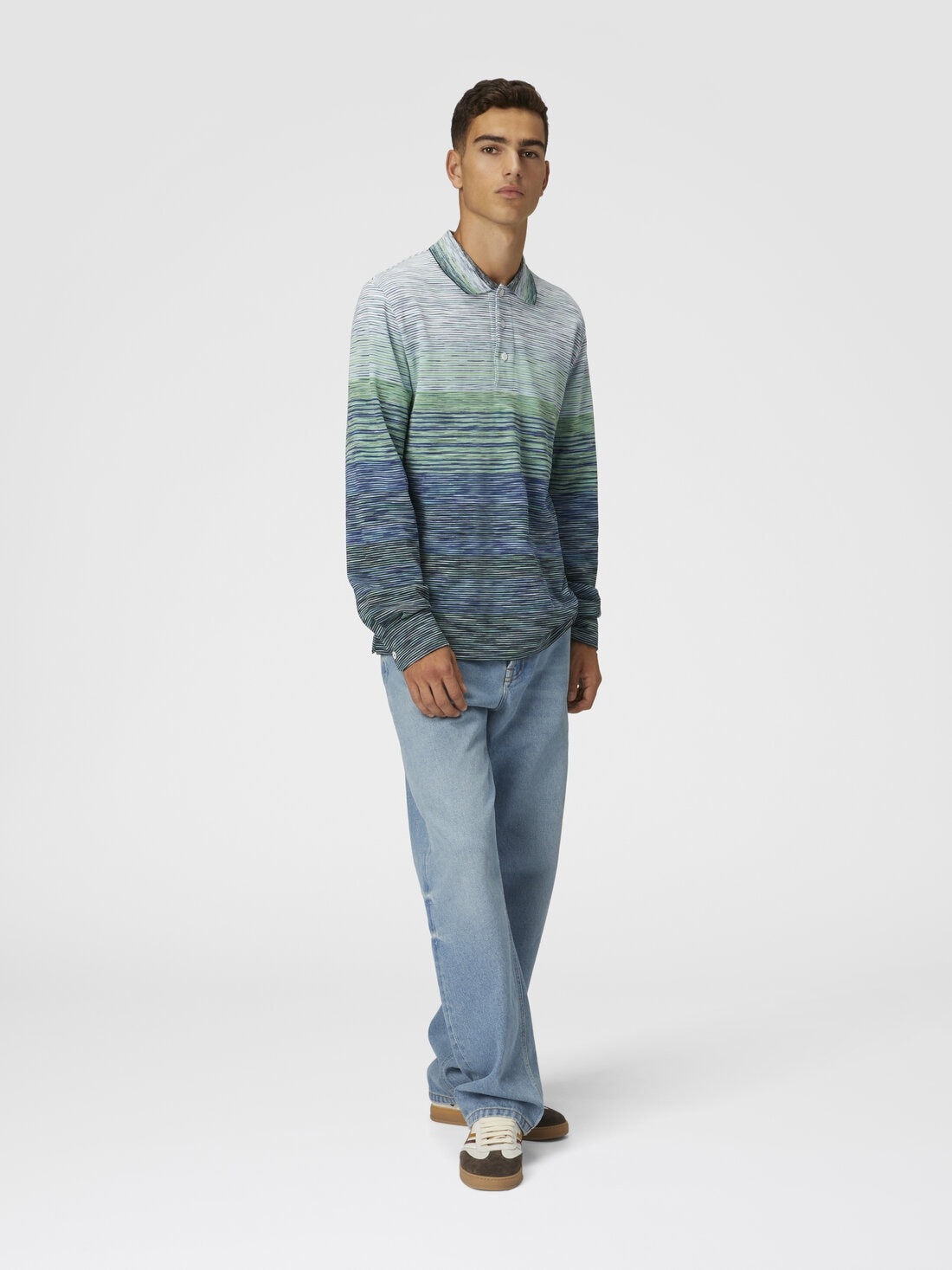 Gradient slub cotton piqué polo shirt with long sleeves - 4