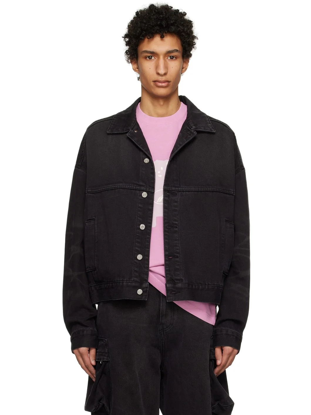 Black Graphic Denim Jacket - 1