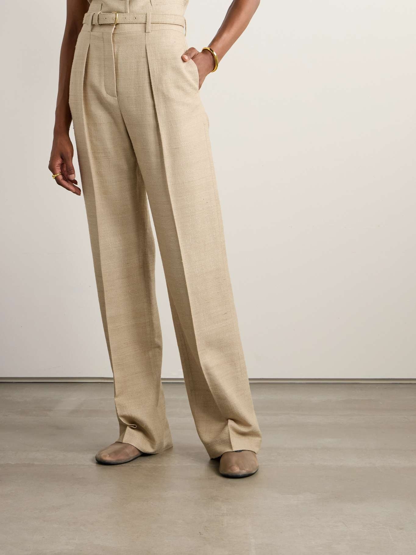 Edward belted pleated raw silk wide-leg pants - 3