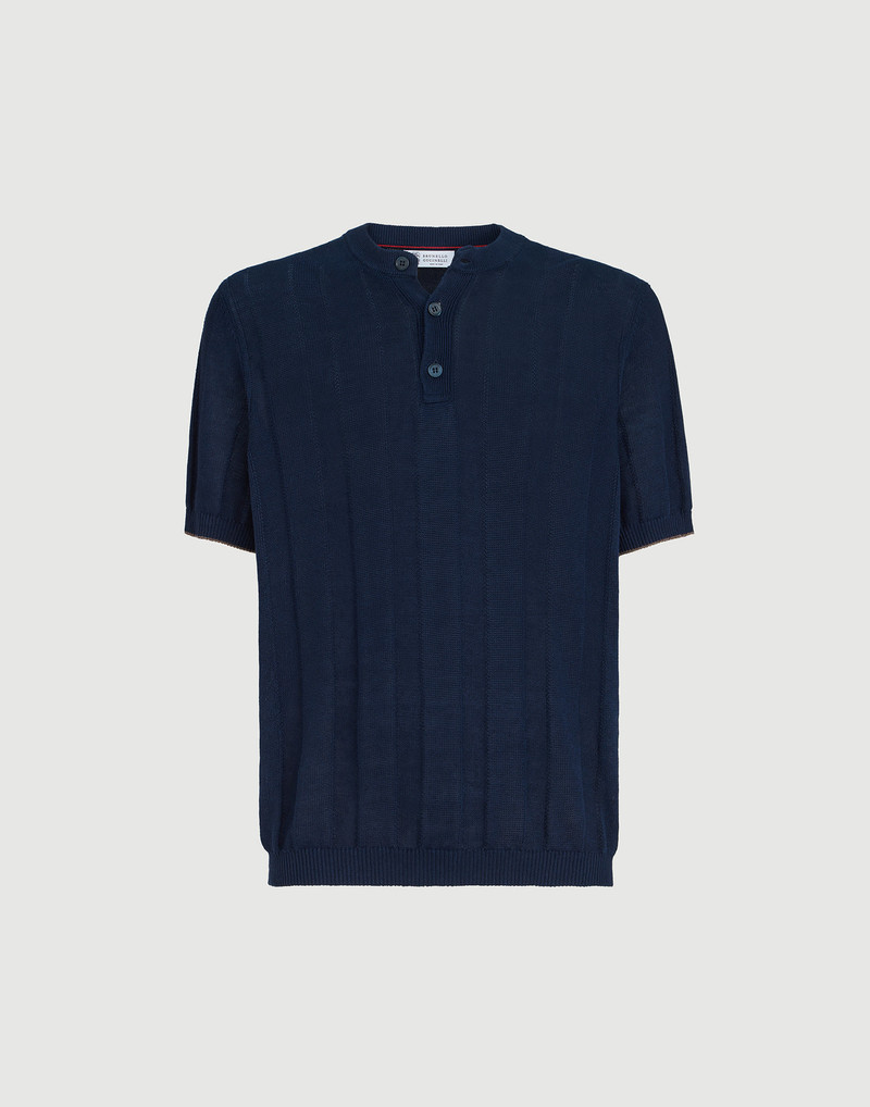 Linen and cotton textured rib knit T-shirt with Henley collar 1