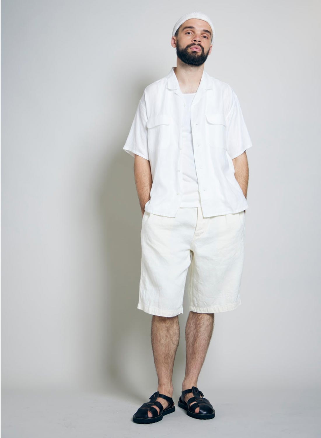Open Collar Shirt Linen Twill in Off White - 2