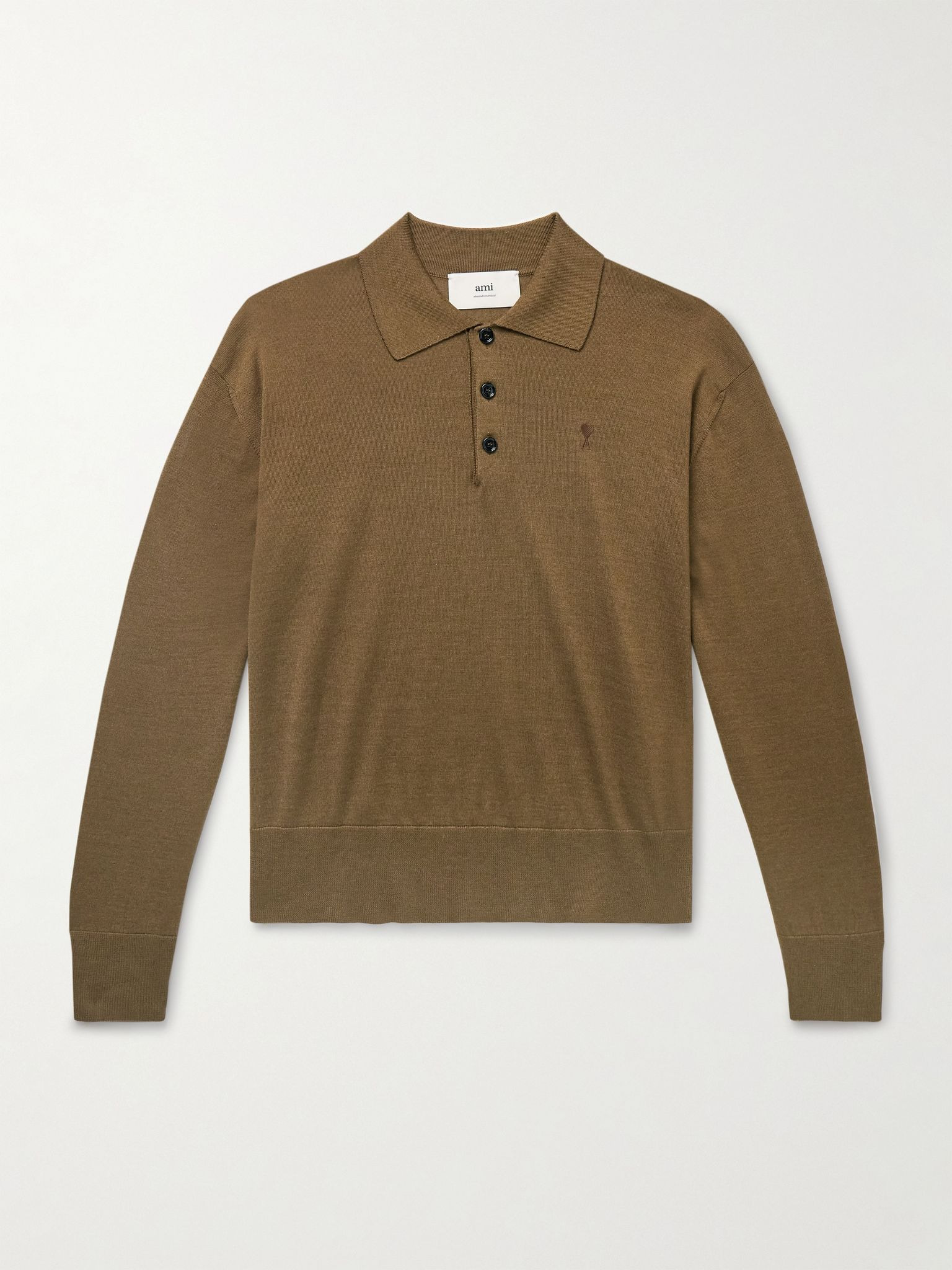 Logo-Embroidered Virgin Wool and Silk-Blend Polo Shirt Brown - 1
