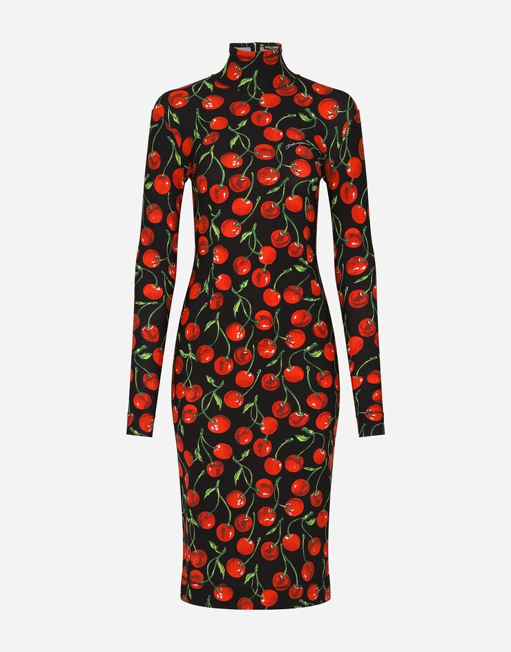 Long-sleeved jersey midi dress with cherry print - 1