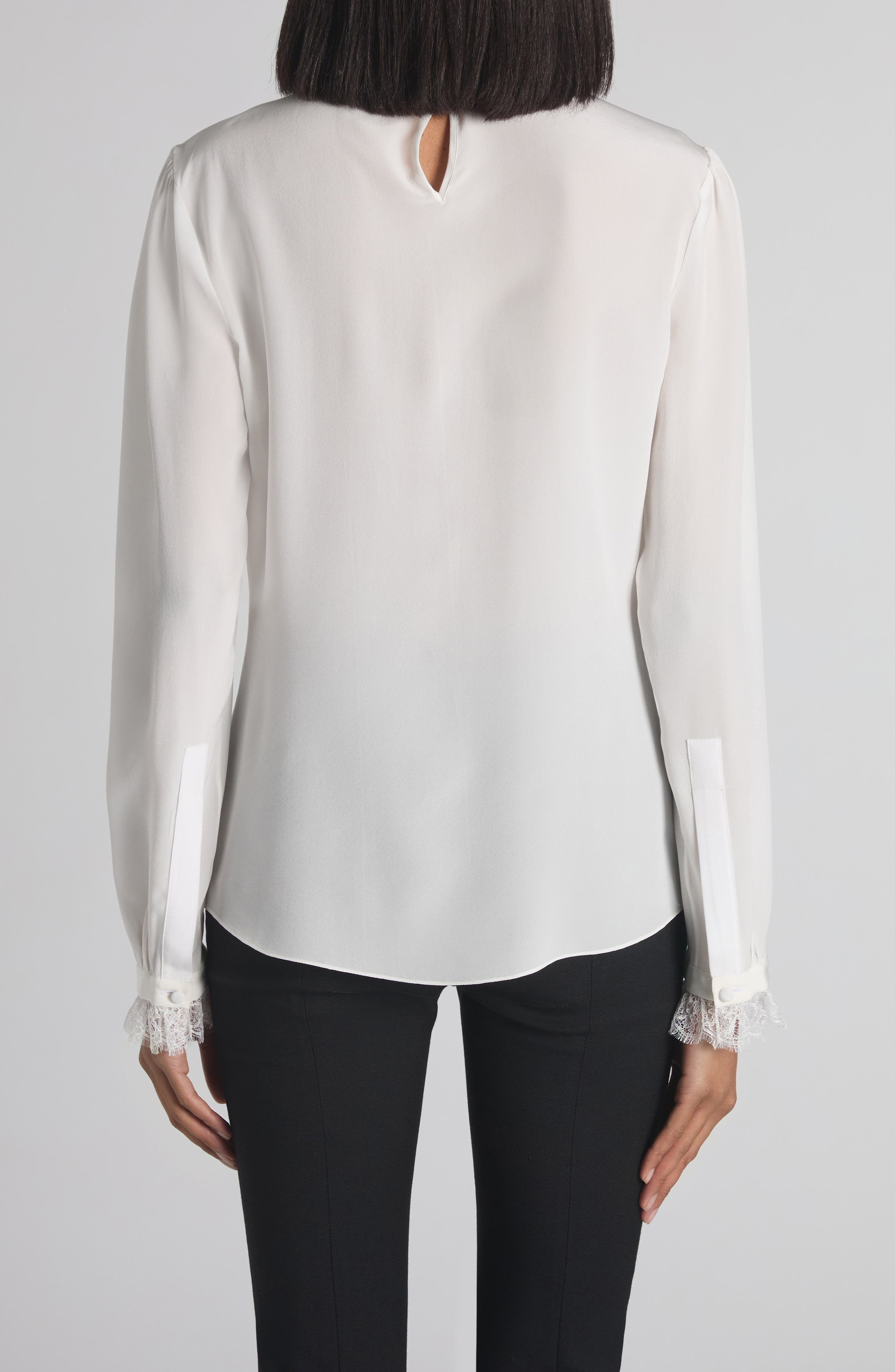 McQueen Lace Insert Silk Crêpe de Chine Top in Light Ivory at Nordstrom - 3